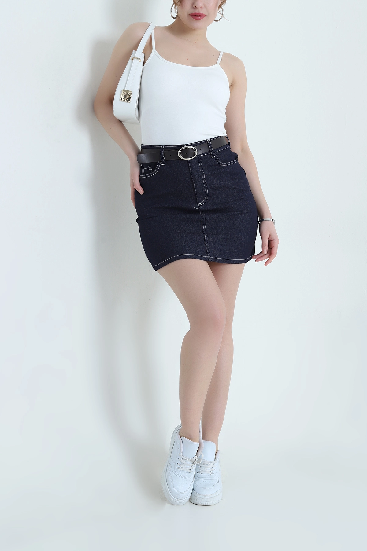 Lacivert Likralı Kadın İnce Denim Kot Etek 438167