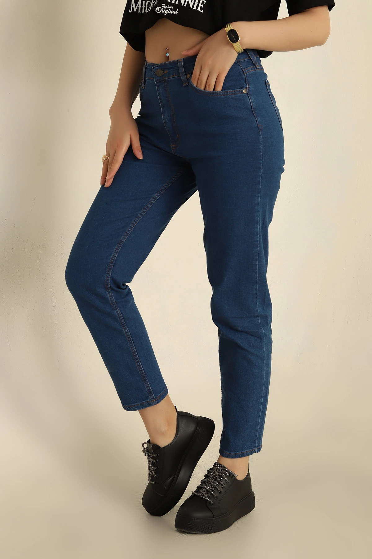 Lacivert Likralı Mom Bayan Kot Pantolon 273713