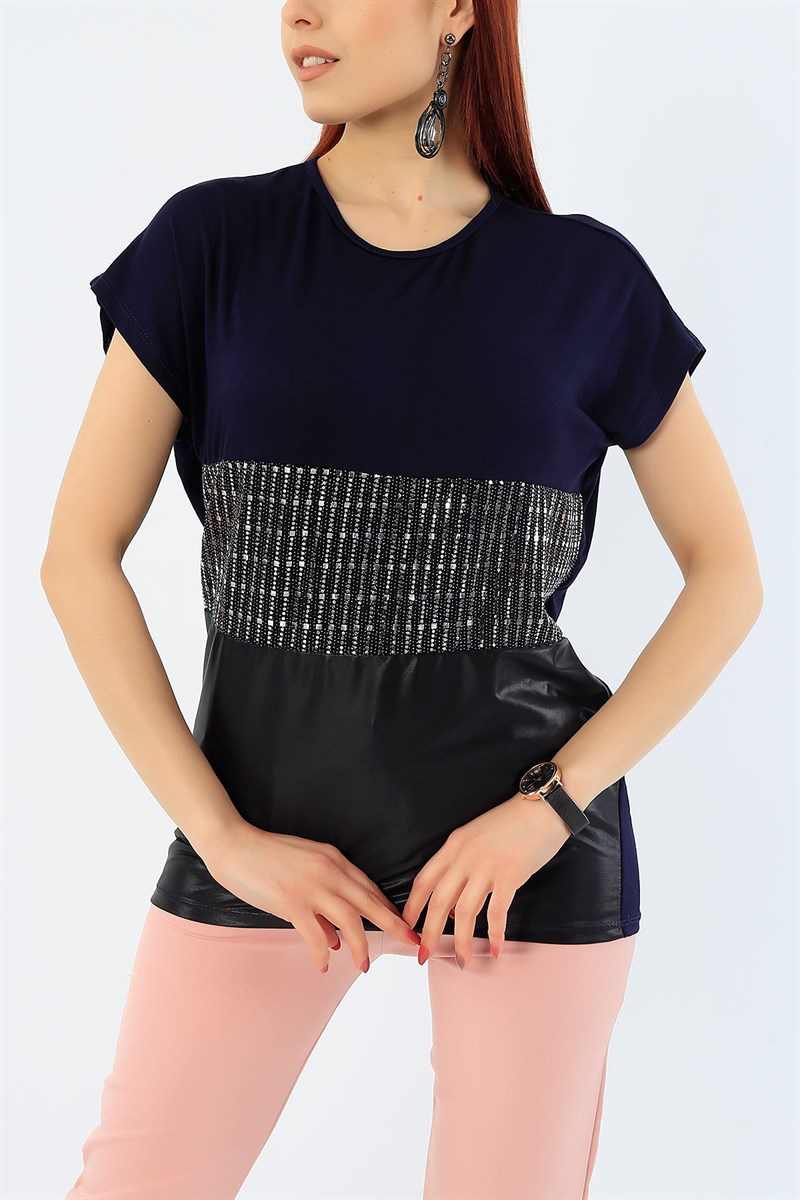 Lacivert Likralı Pul İşlemeli Bluz 31127
