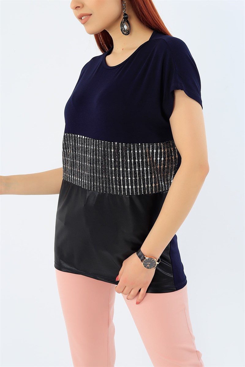 Lacivert Likralı Pul İşlemeli Bluz 31127