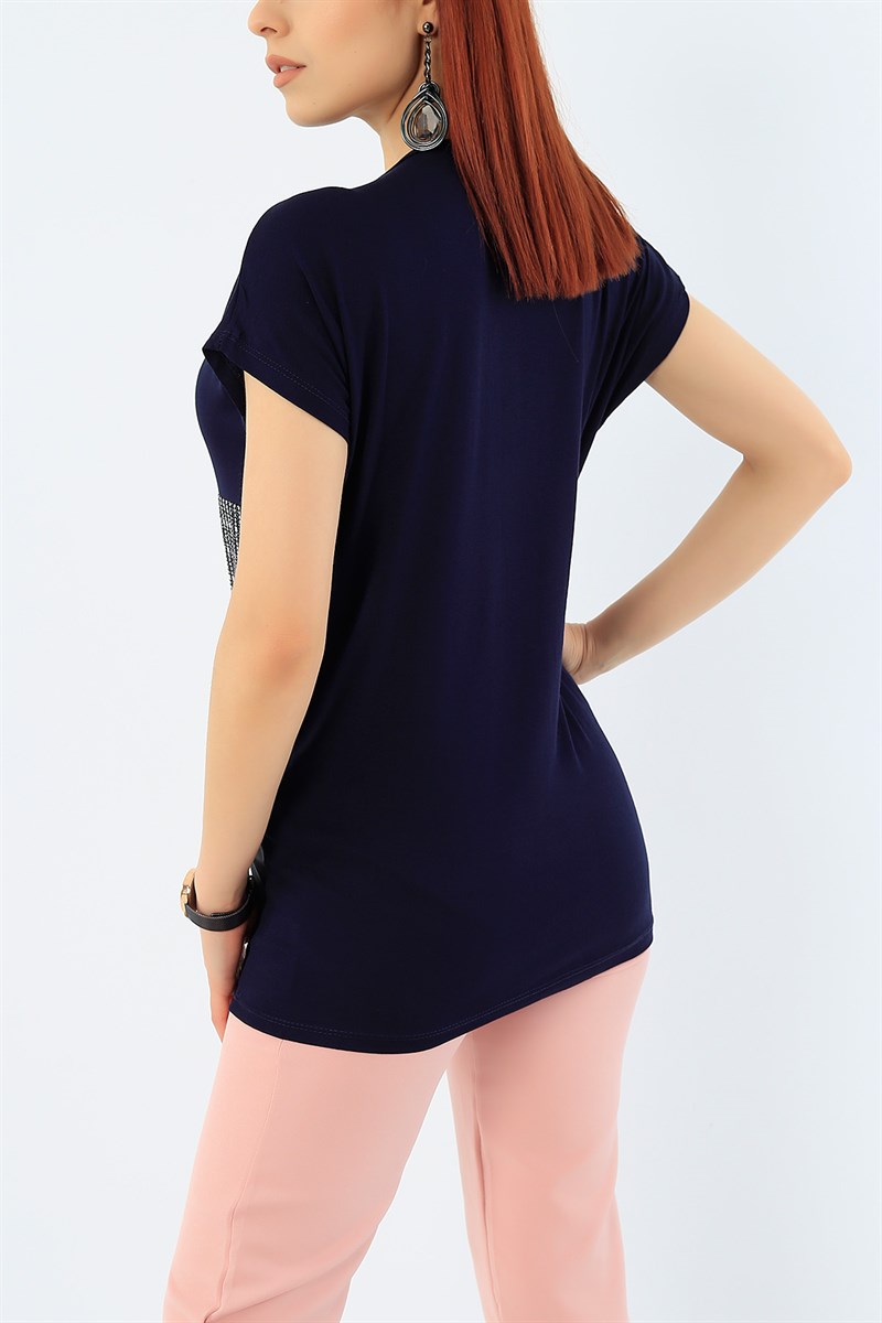 Lacivert Likralı Pul İşlemeli Bluz 31127