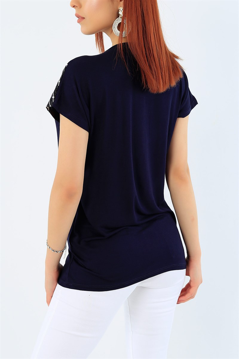 Lacivert Likralı Pul İşlemeli Bluz 31849
