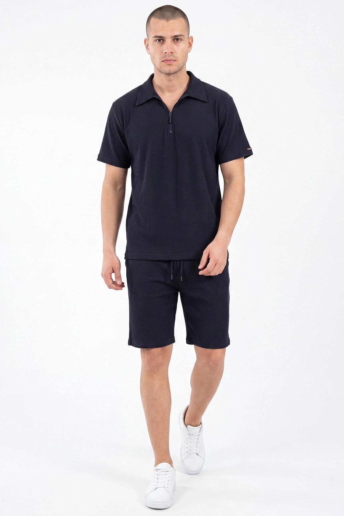 Lacivert Look Kumaş Yarım Fermuarlı Erkek Şortlu Takım 467646