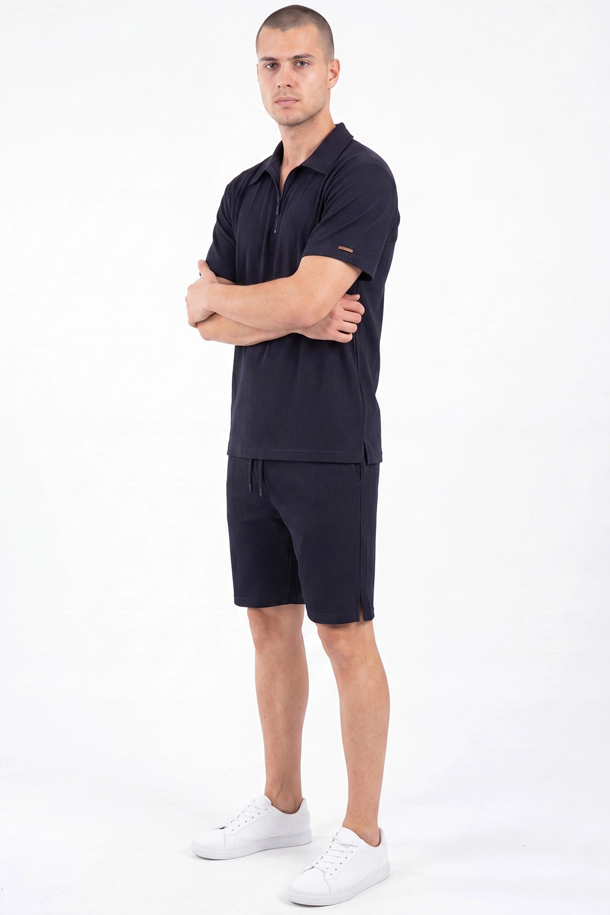 Lacivert Look Kumaş Yarım Fermuarlı Erkek Şortlu Takım 467646