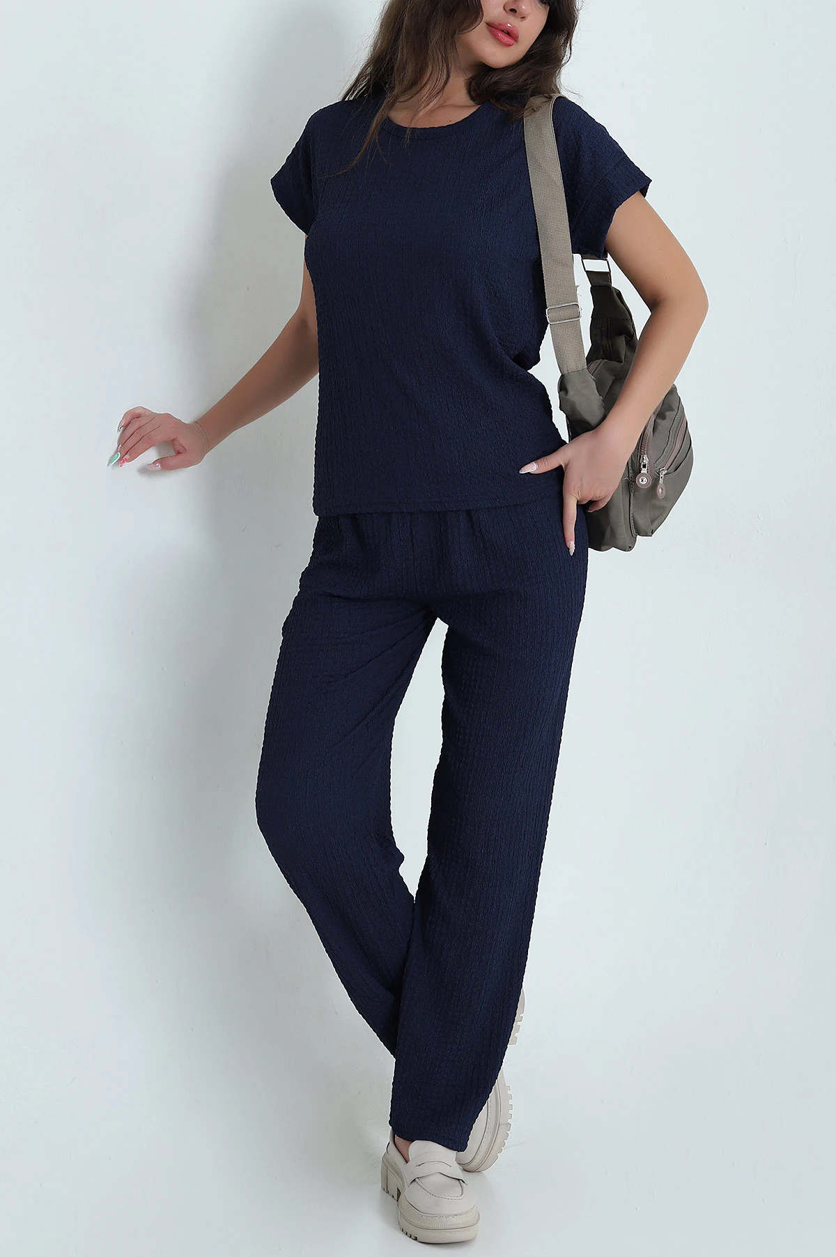 Lacivert Manyas Likralı Kadın Pijama Takımı 469974