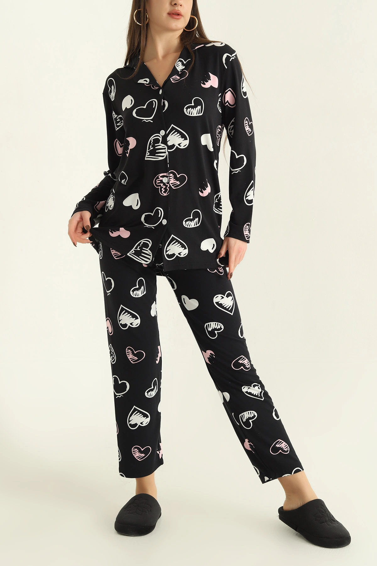 Lacivert Milan Düğmeli Bayan Pijama Takımı 329614