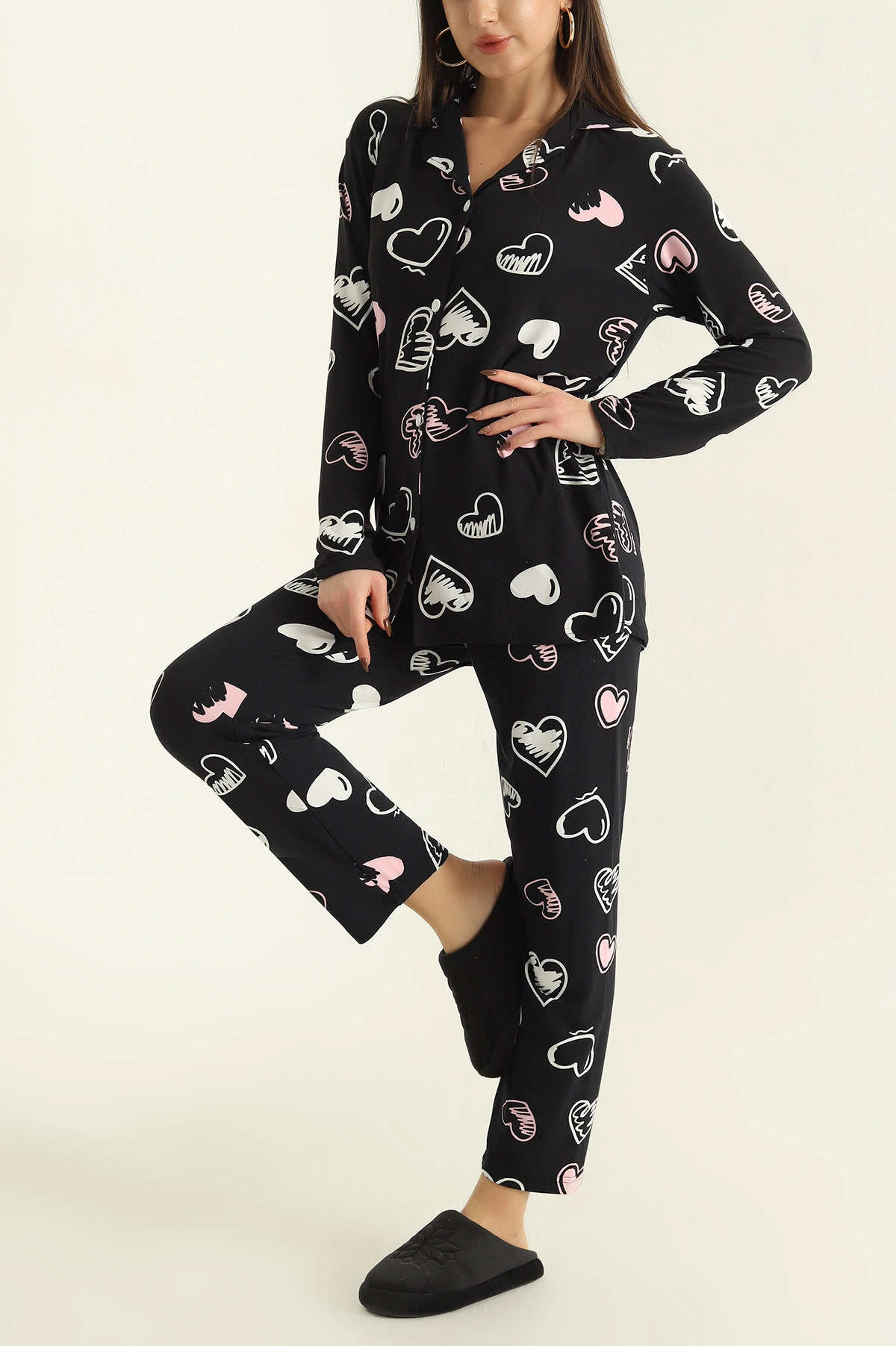 Lacivert Milan Düğmeli Bayan Pijama Takımı 329614