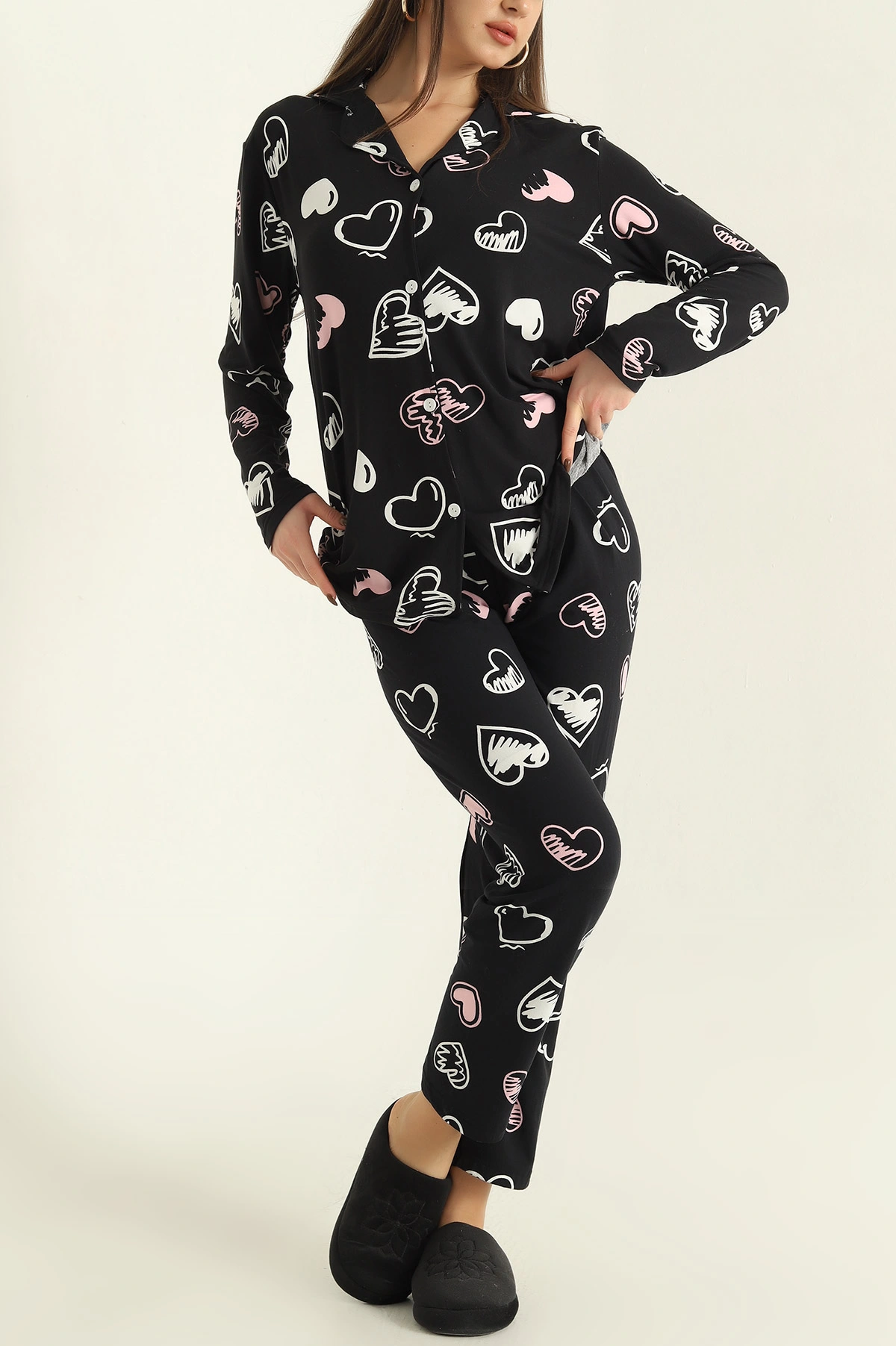 Lacivert Milan Düğmeli Bayan Pijama Takımı 329614