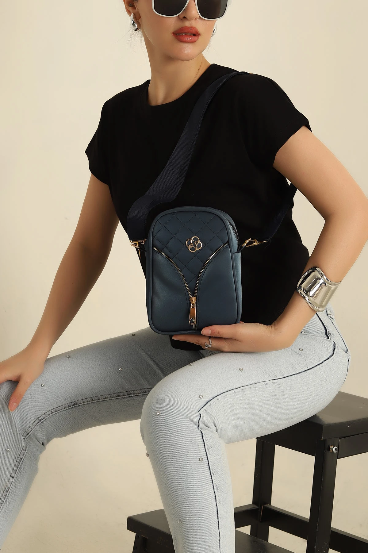 Lacivert Mini Boy Kapitone Omuz Çantası 276167