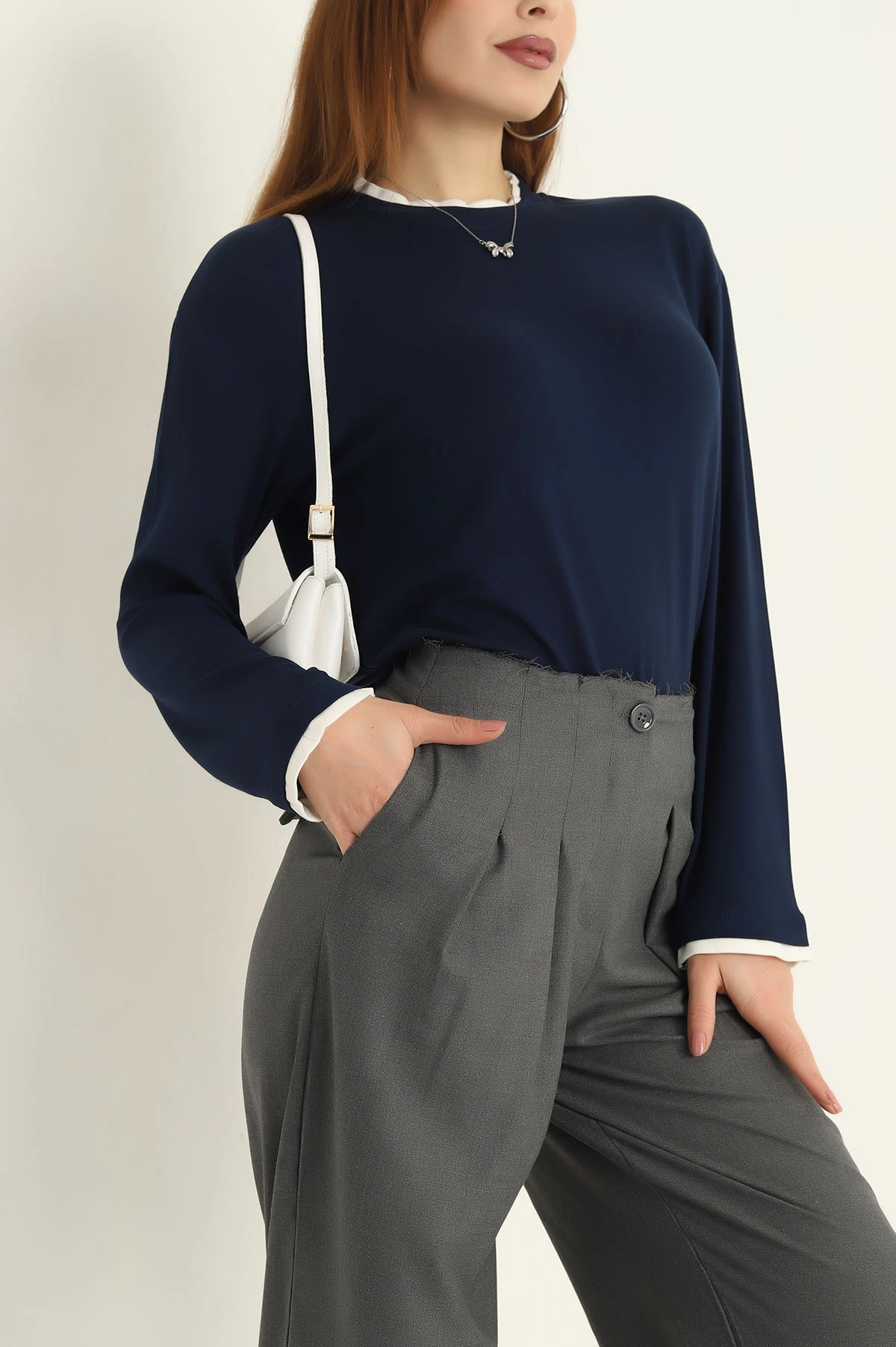 Lacivert Modal Bisiklet Yaka Likralı Bayan Sweat 318267