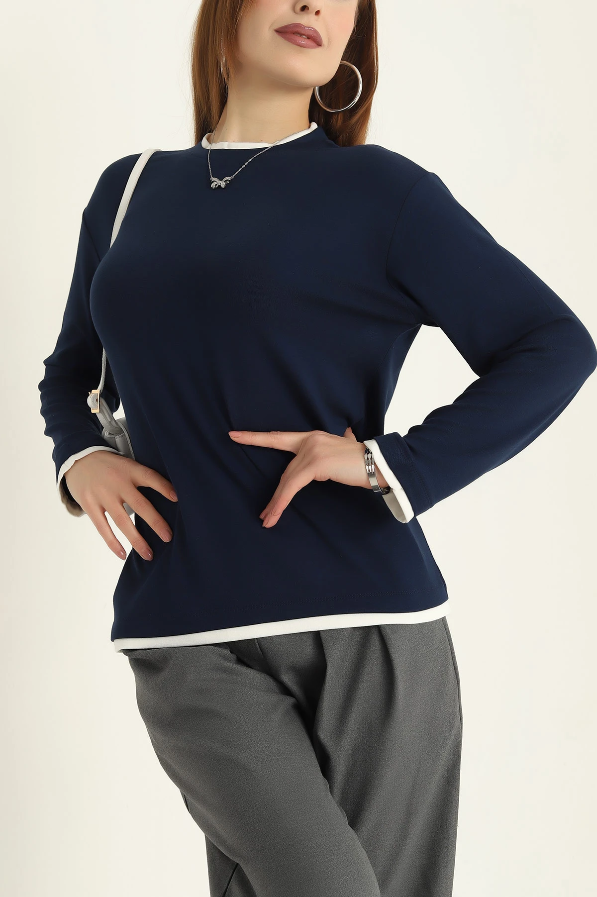 Lacivert Modal Bisiklet Yaka Likralı Bayan Sweat 318267
