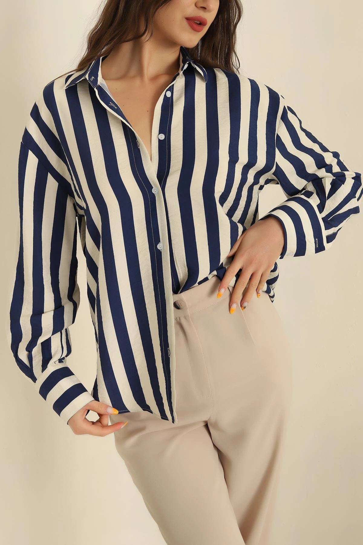 Lacivert Modal Çizgili Oversize Gömlek 266424