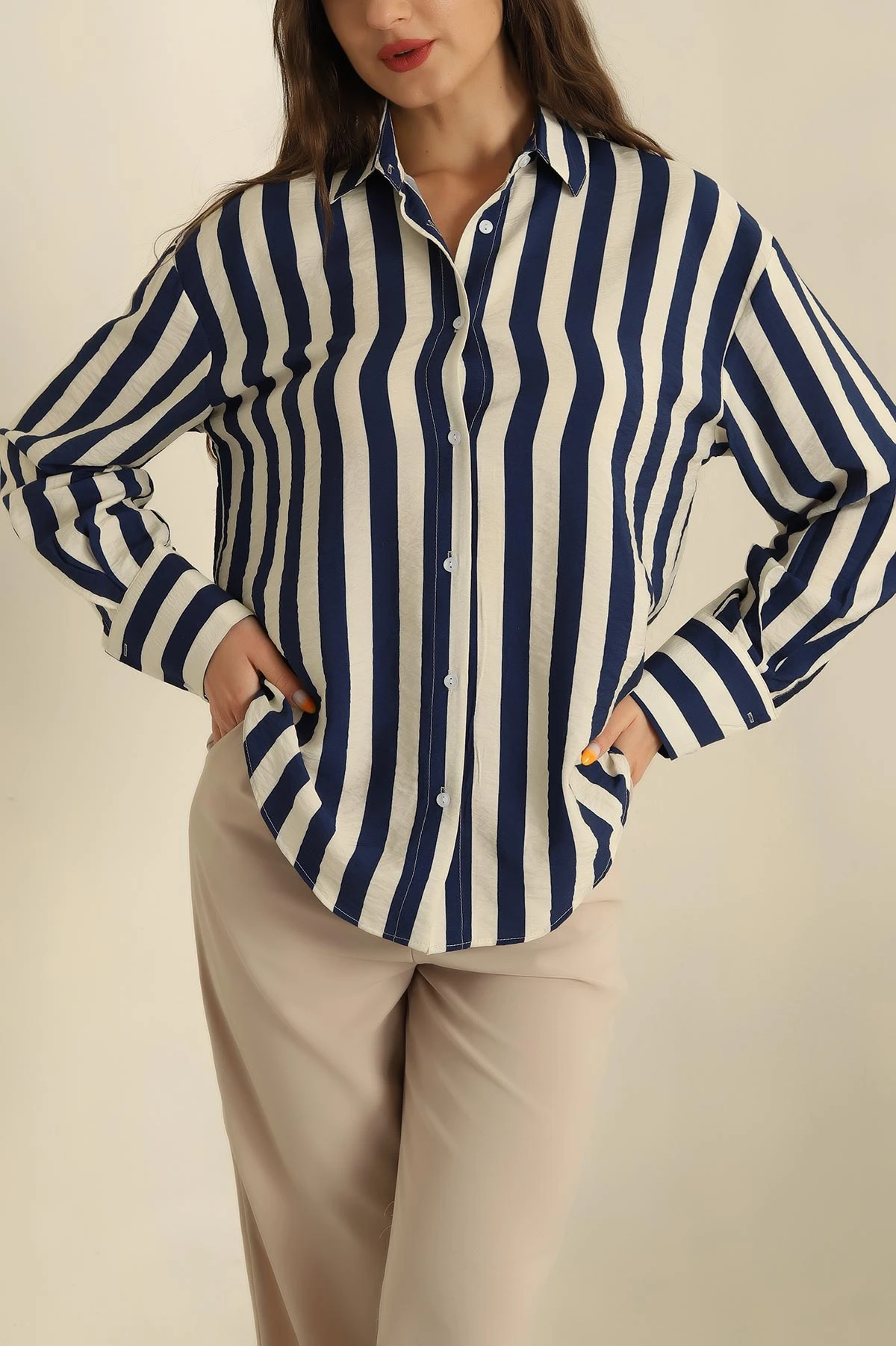 Lacivert Modal Çizgili Oversize Gömlek 266424