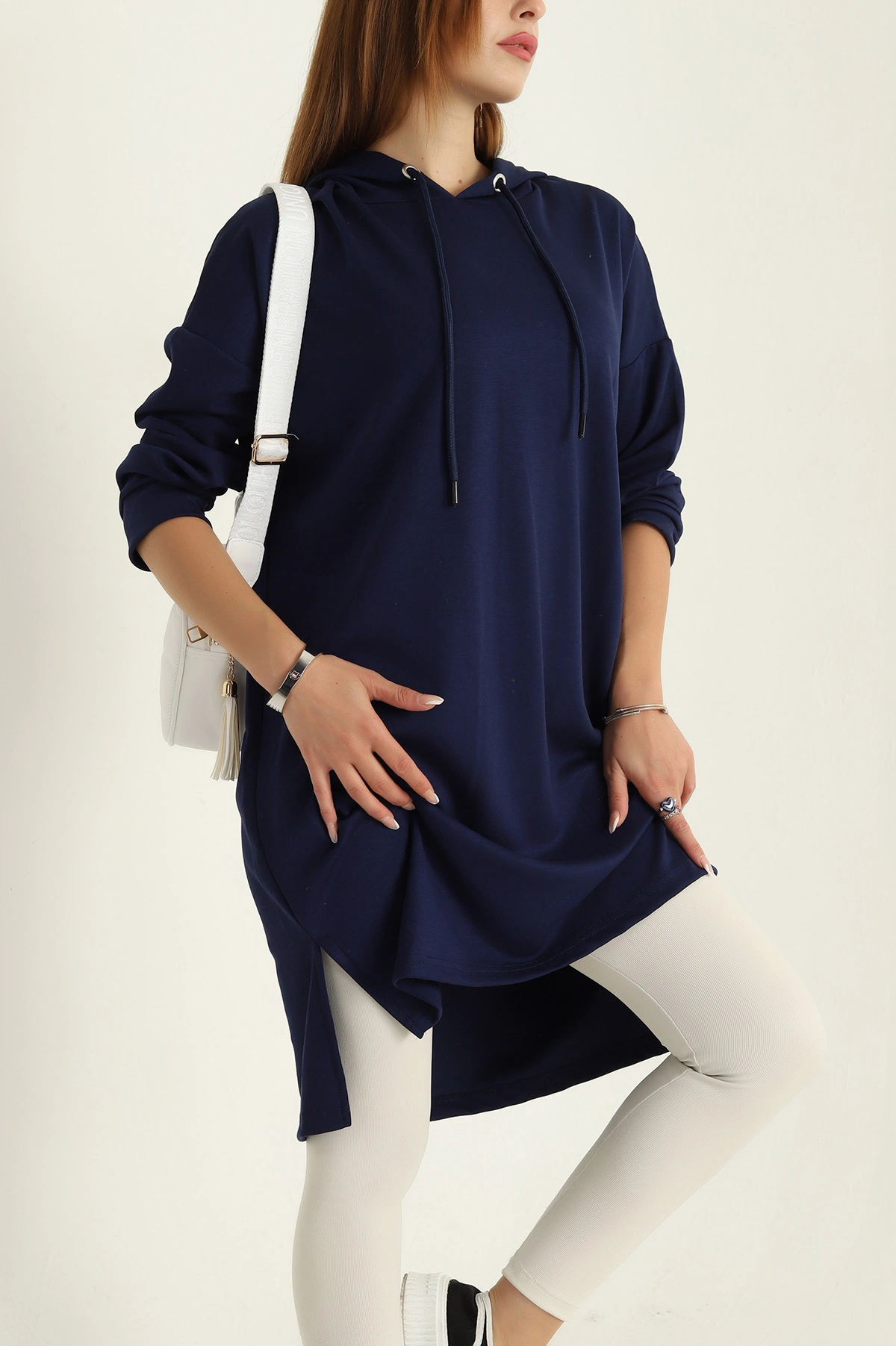 Lacivert Modal Kumaş Kapüşonlu Sweat Tunik 297523