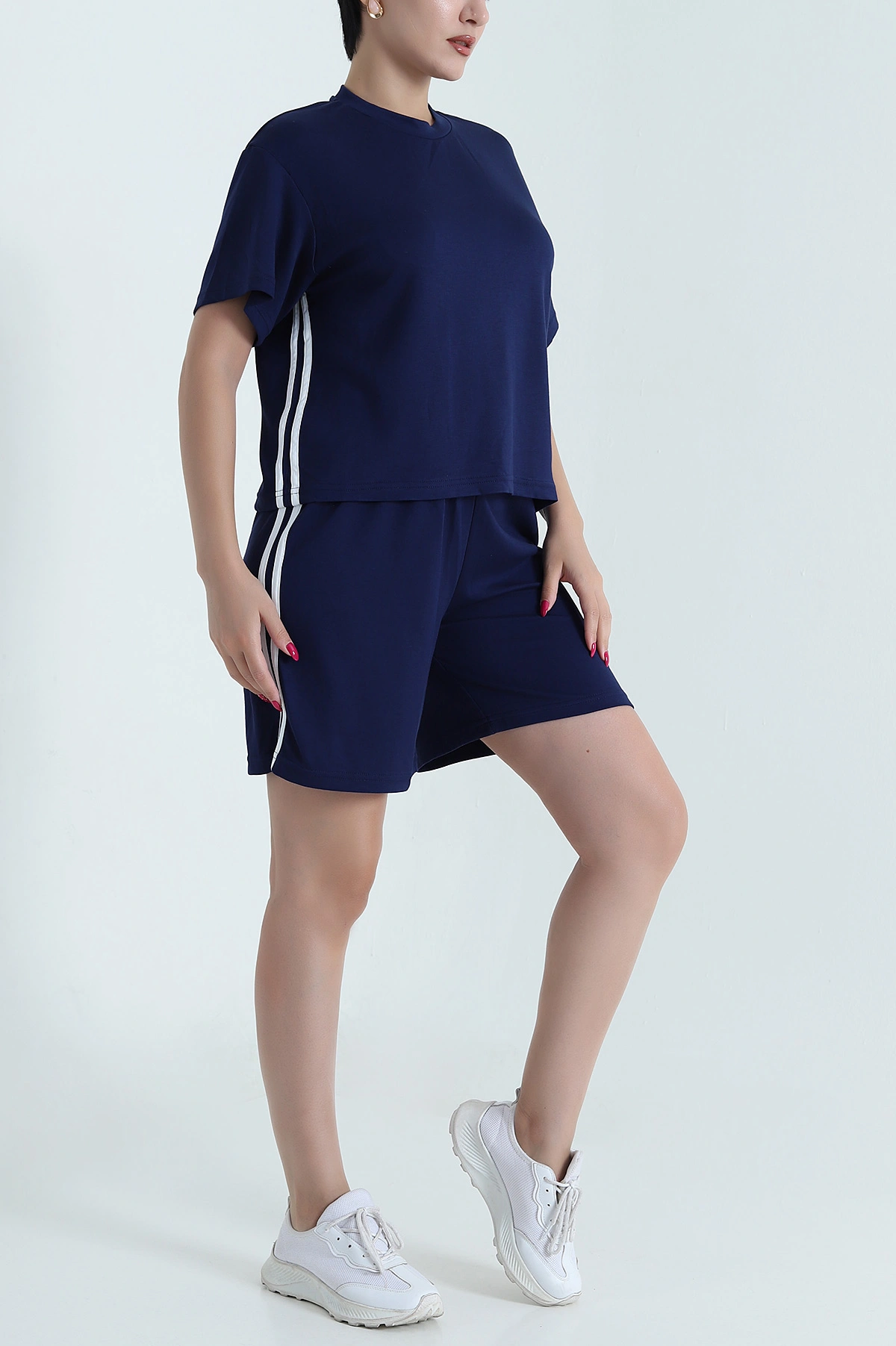 Lacivert Modal Kumaş Şeritli Kadın İkili Takım 477817