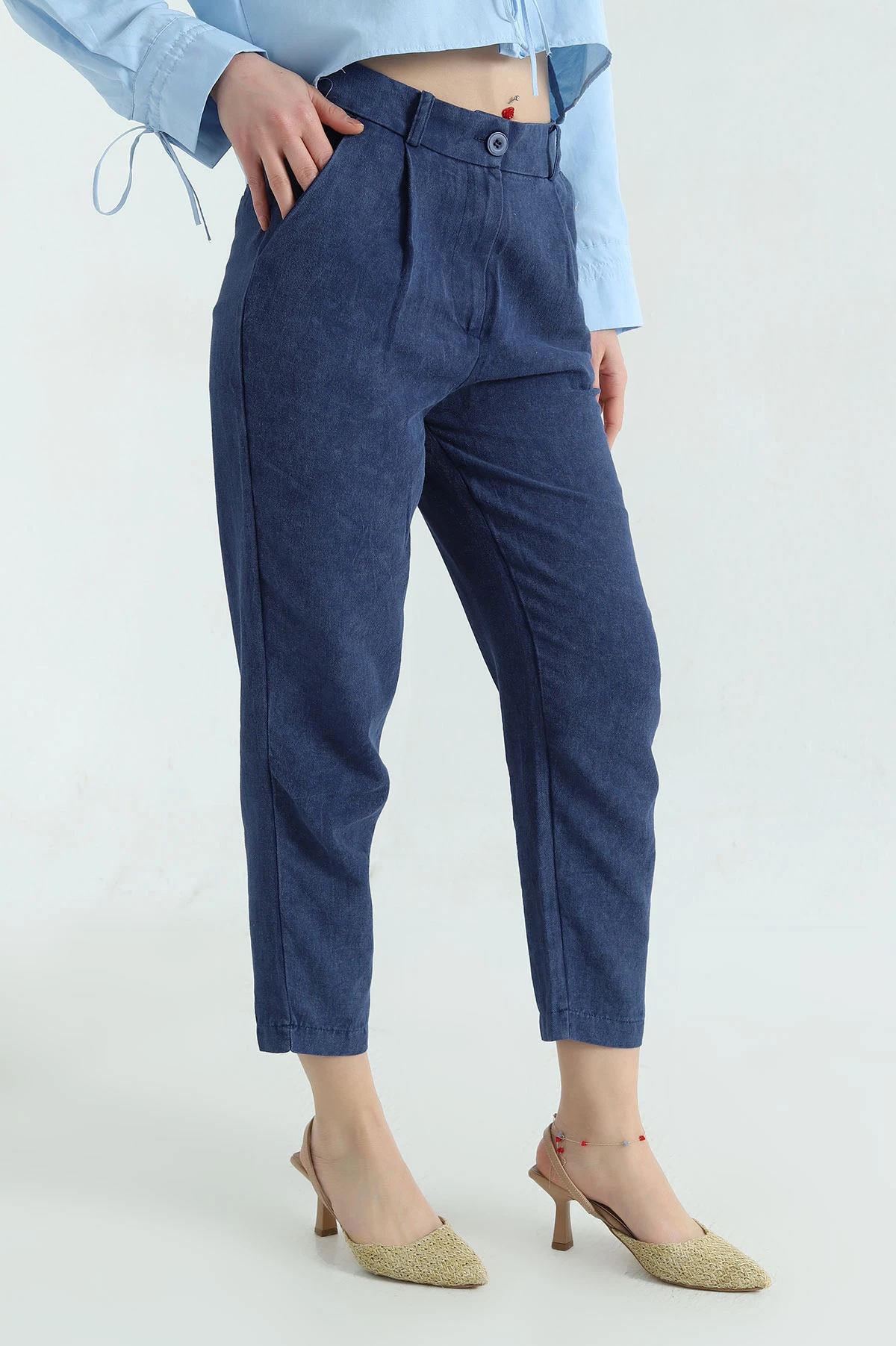 Lacivert Mom Cepli Bayan Keten Pantolon 336955