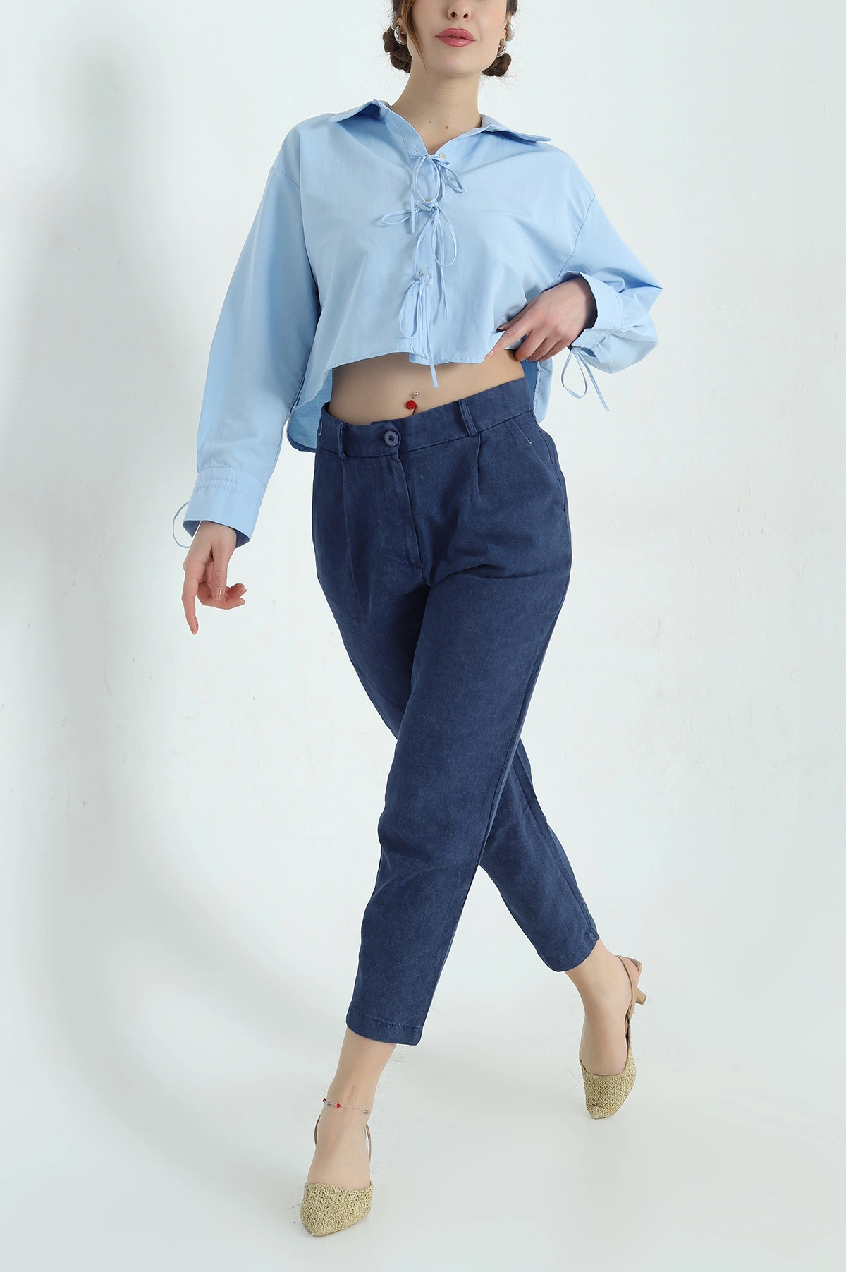 Lacivert Mom Cepli Bayan Keten Pantolon 336955
