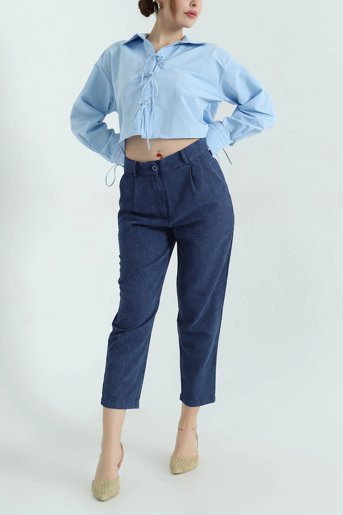 Lacivert Mom Cepli Bayan Keten Pantolon 336955
