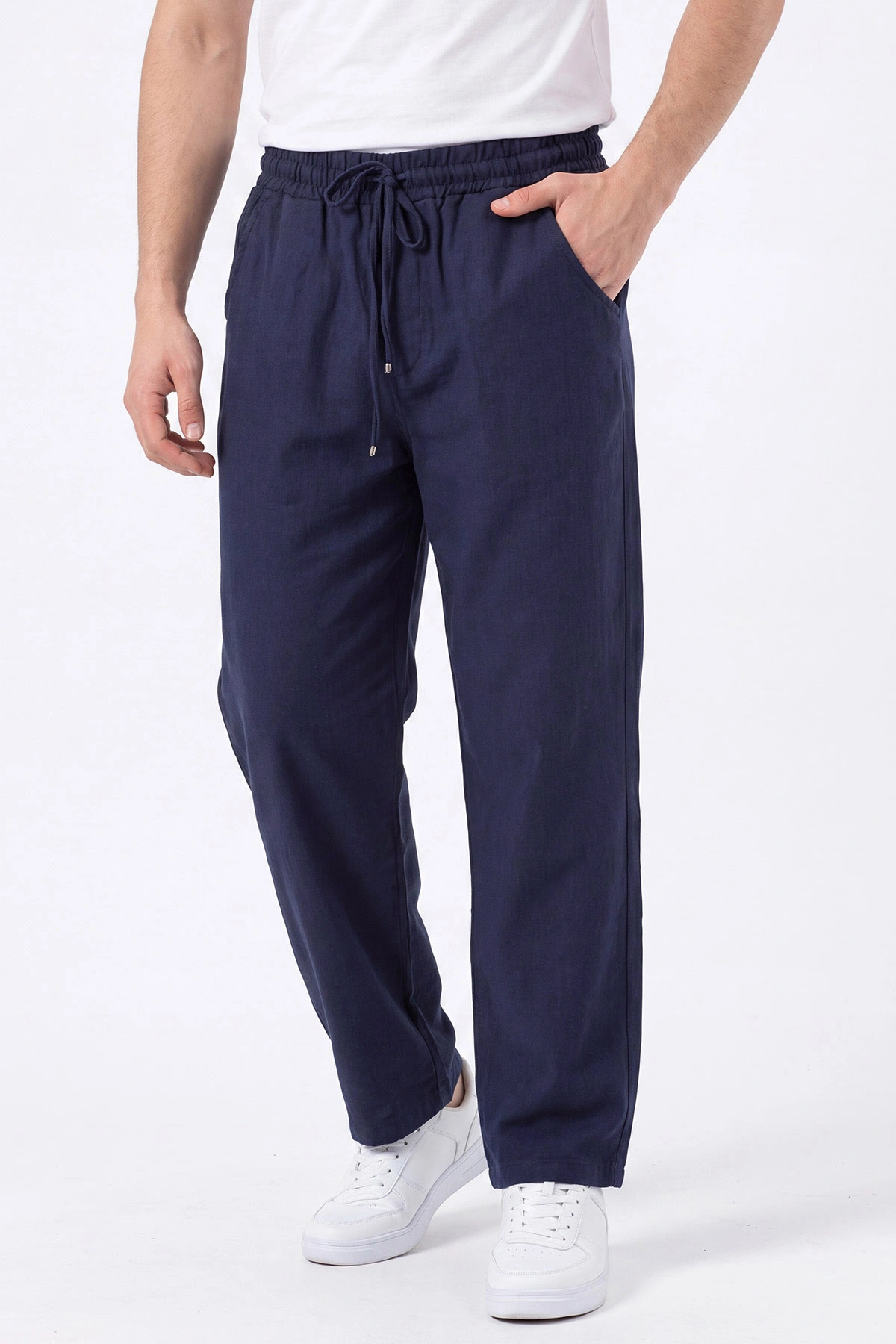 Lacivert Müslin Keten Belden Bağlamalı Baggy Erkek Pantolon 473026