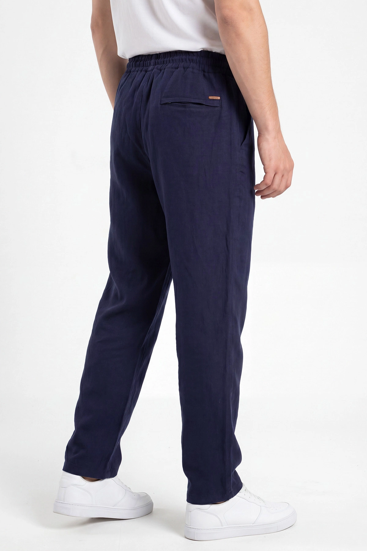 Lacivert Müslin Keten Belden Bağlamalı Baggy Erkek Pantolon 473026