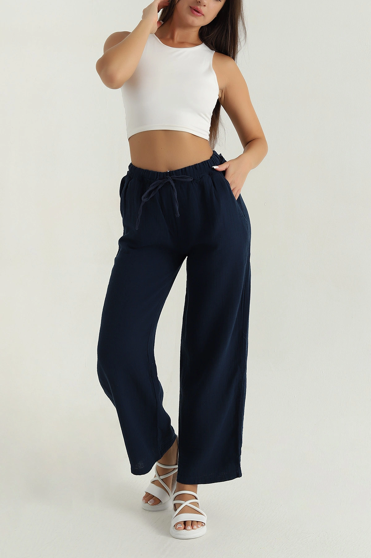 Lacivert Müslin Keten Kadın Pantolon 381368