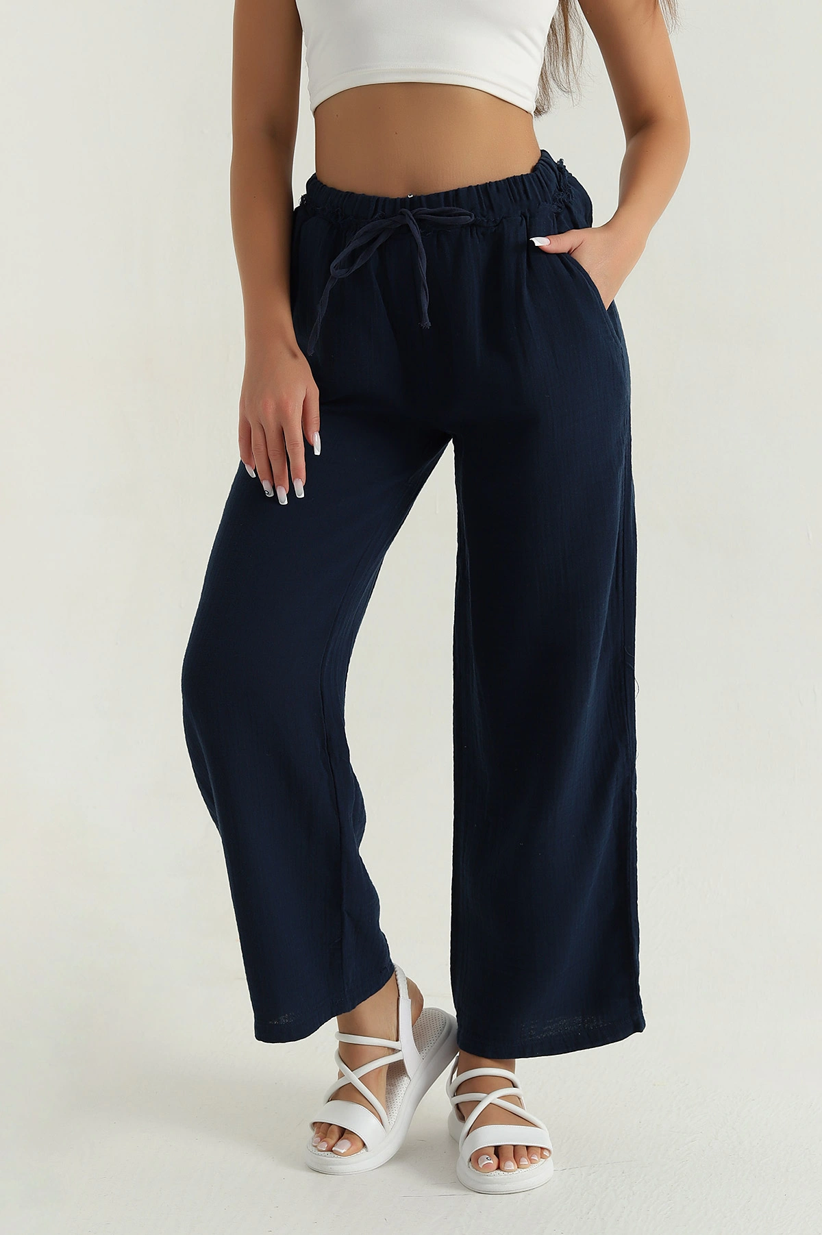 Lacivert Müslin Keten Kadın Pantolon 381368