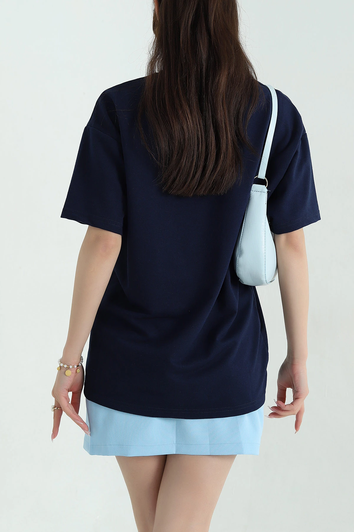 Lacivert Nakışlı Bisiklet Yaka Oversize İki Kadın Tişört-T 368797