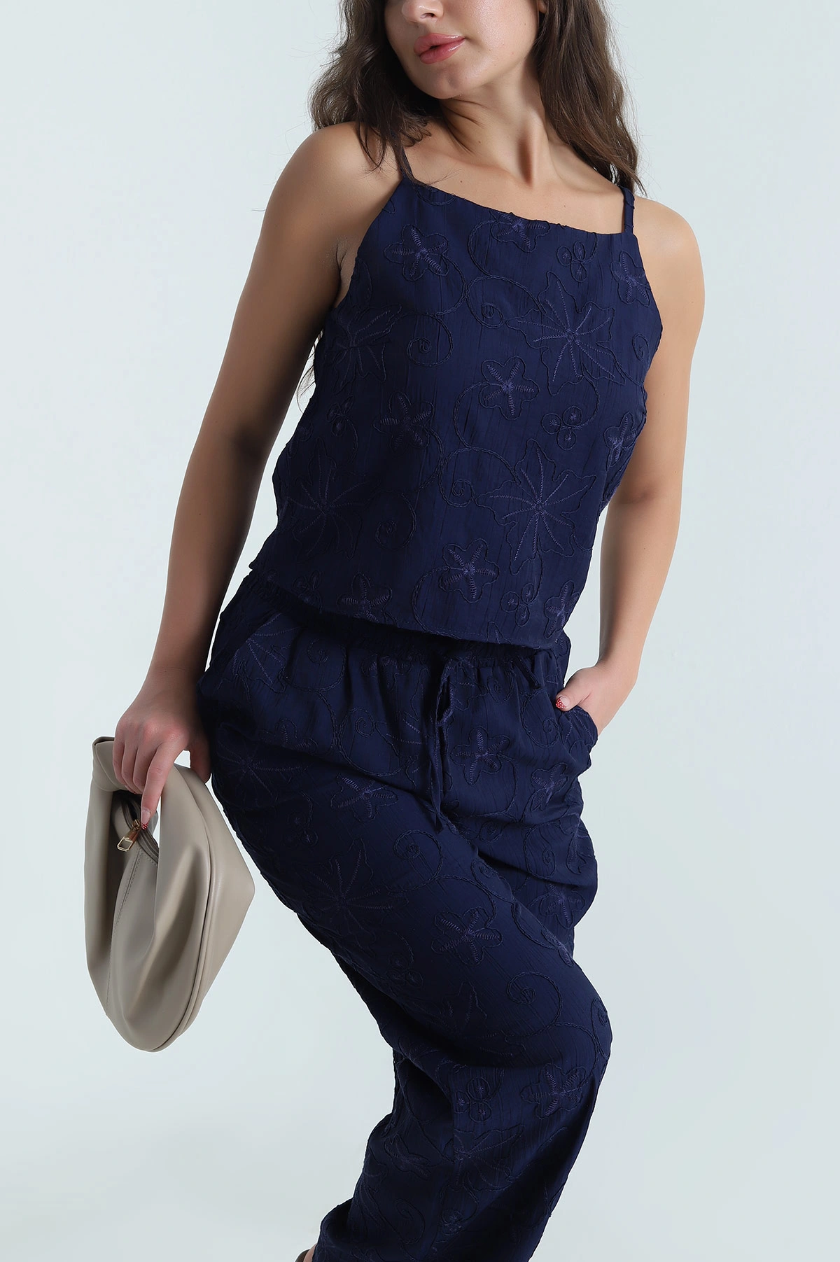 Lacivert Nakışlı Bluz Pantolon Kadın Çilek İkili Takım 478701