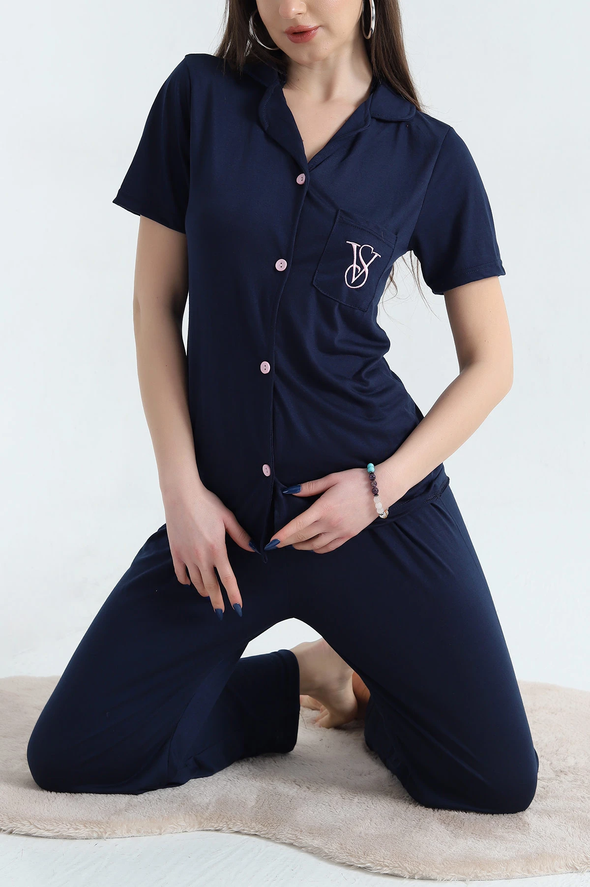 Lacivert Nakışlı Düğmeli Viskon Pijama Takımı 338271