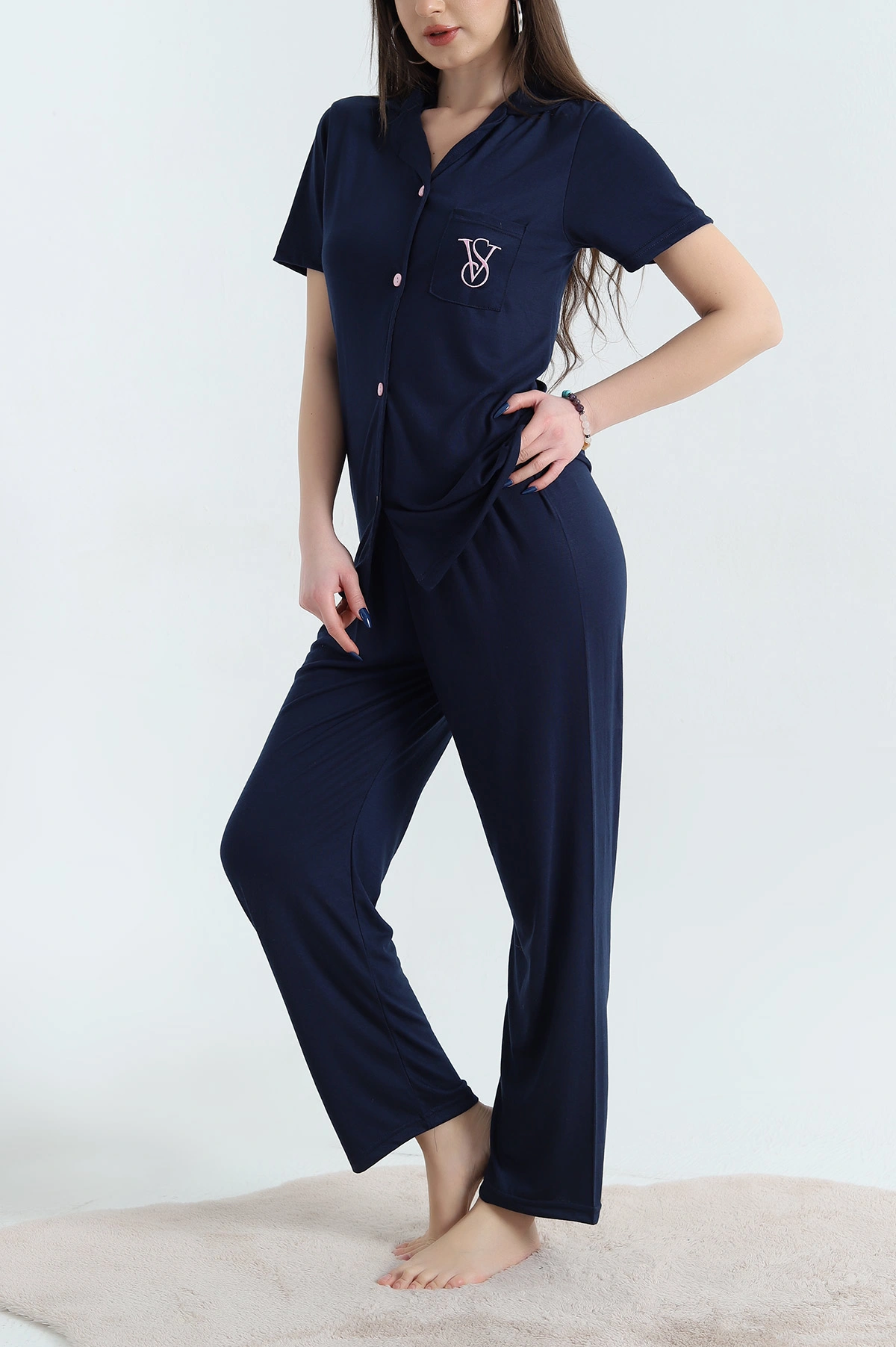 Lacivert Nakışlı Düğmeli Viskon Pijama Takımı 338271