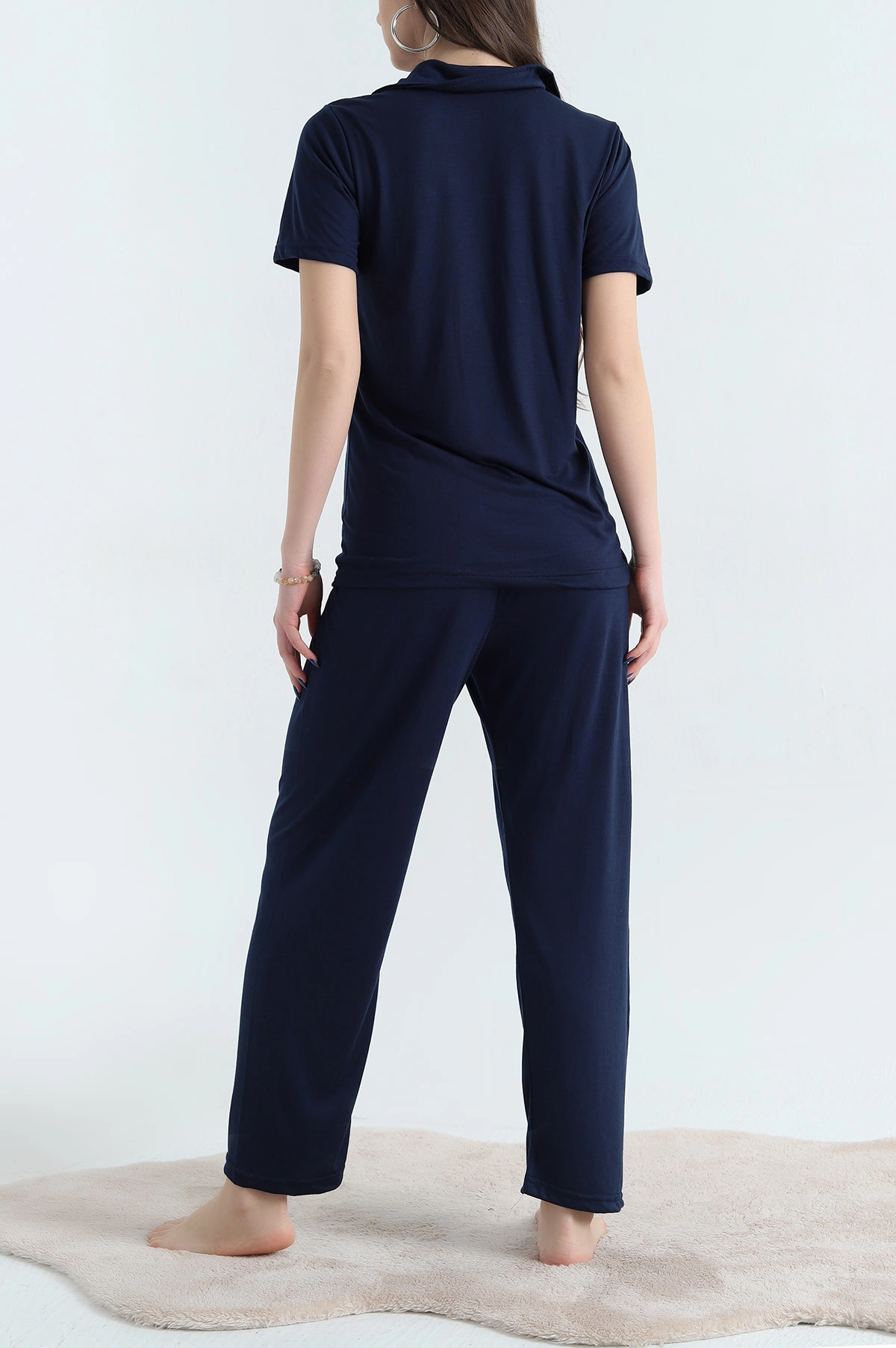Lacivert Nakışlı Düğmeli Viskon Pijama Takımı 338271