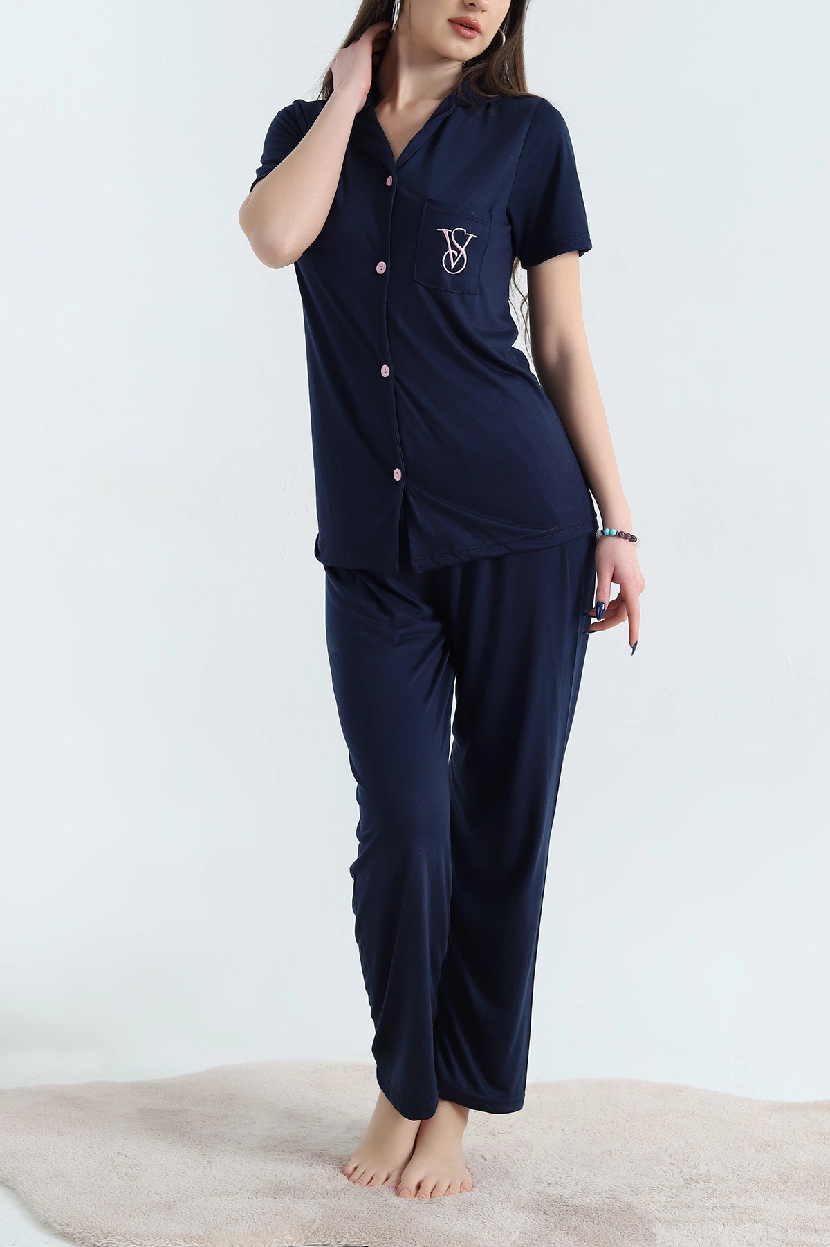 Lacivert Nakışlı Düğmeli Viskon Pijama Takımı 338271