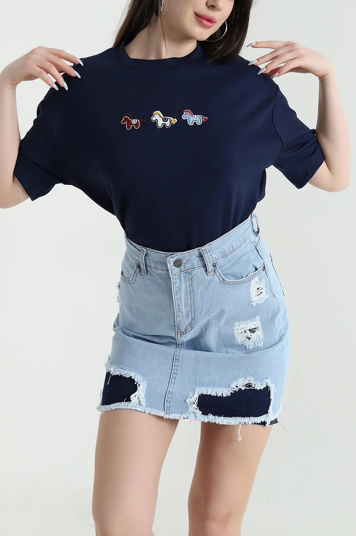 Lacivert Nakışlı Modal Kadın Tişört 449608