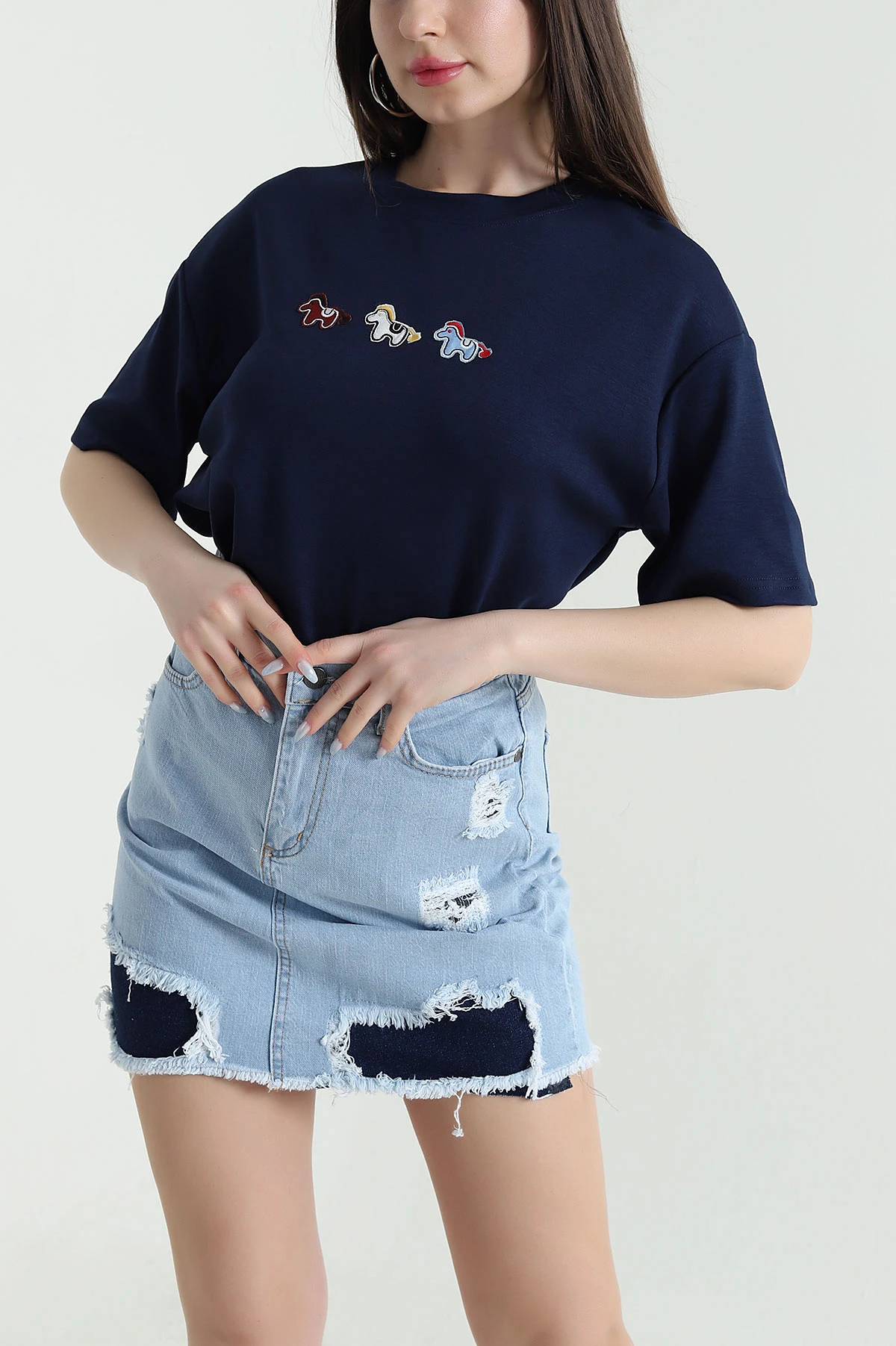Lacivert Nakışlı Modal Kadın Tişört 449608