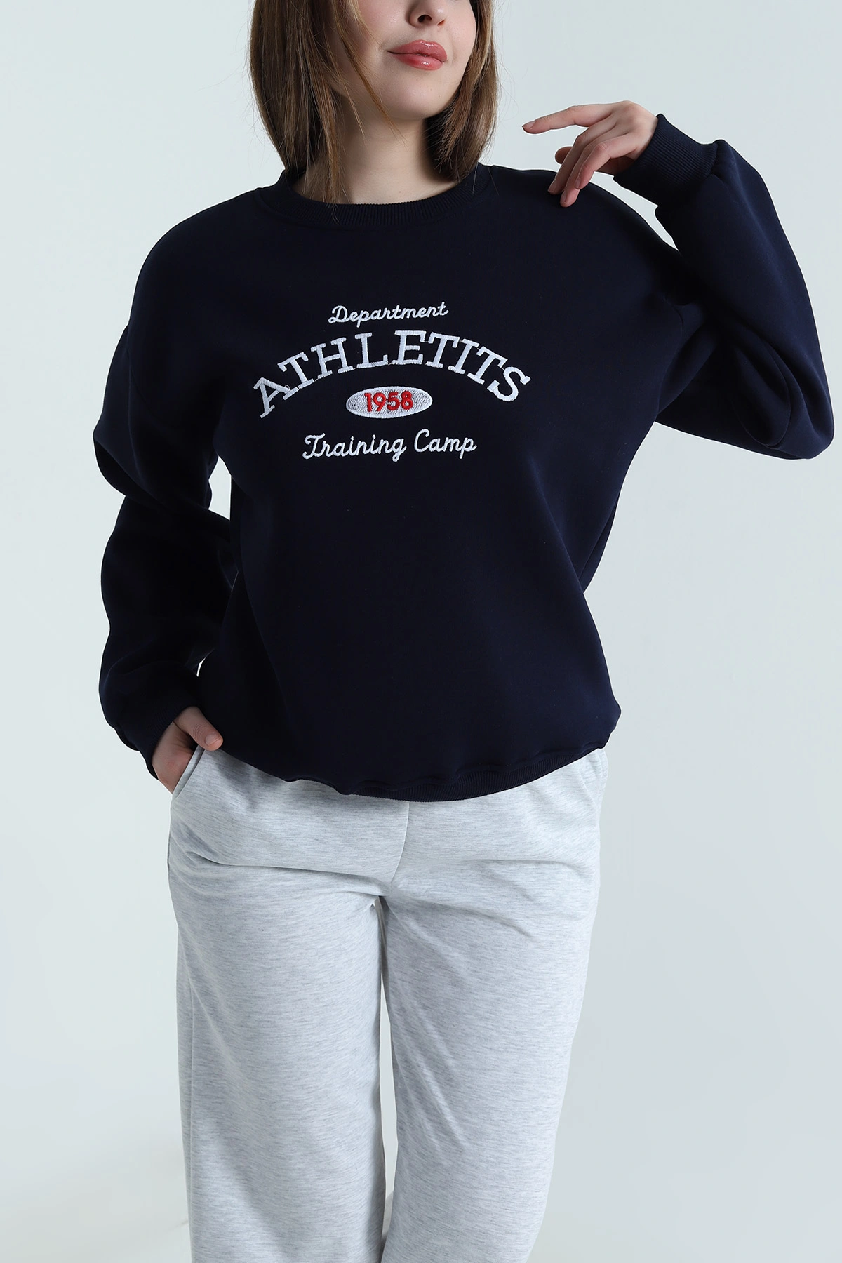 Lacivert Nakışlı Şardonlu Üç İp Kadın Sweat 495058