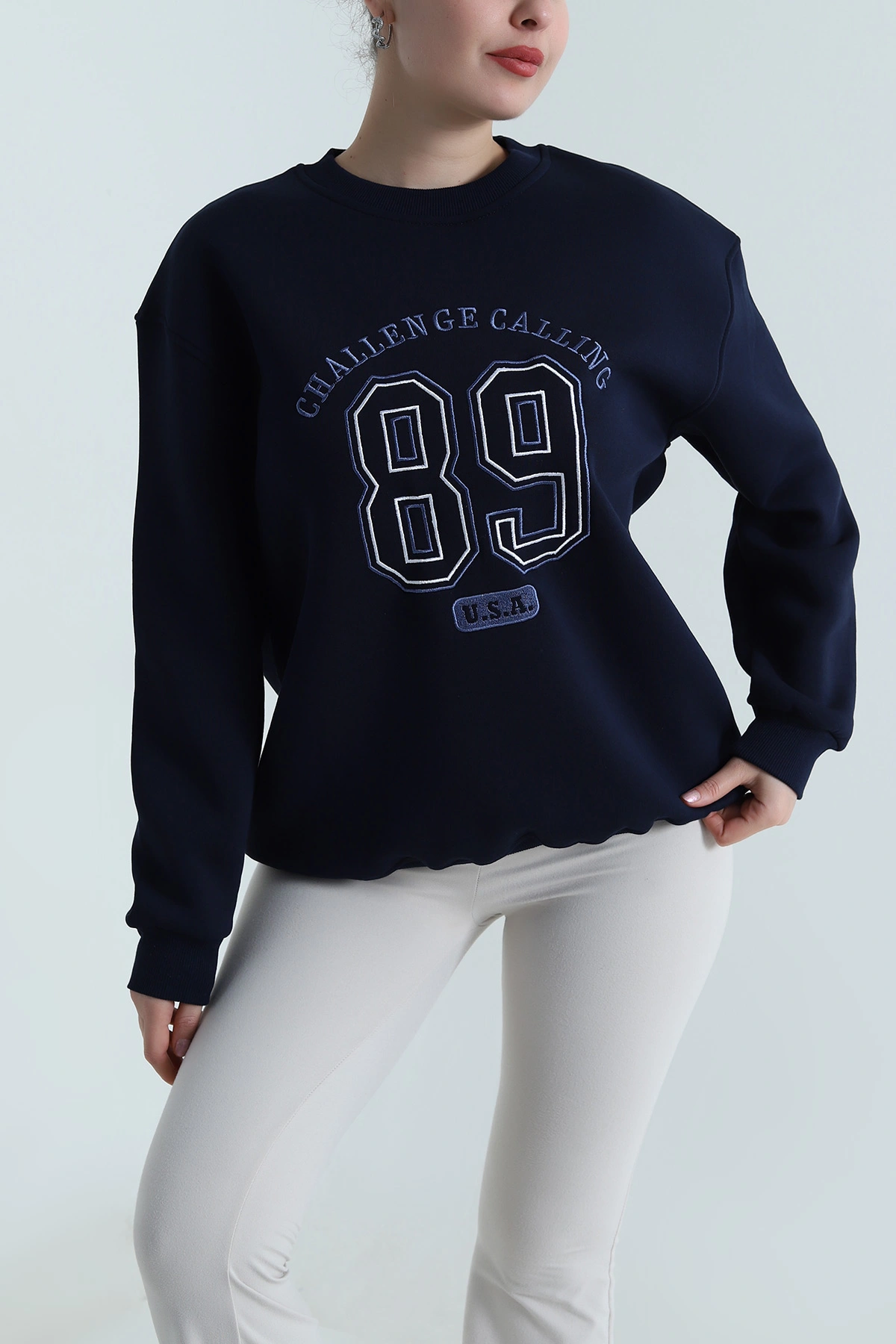 Lacivert Nakışlı Şardonlu Üç İp Kadın Sweat 498790