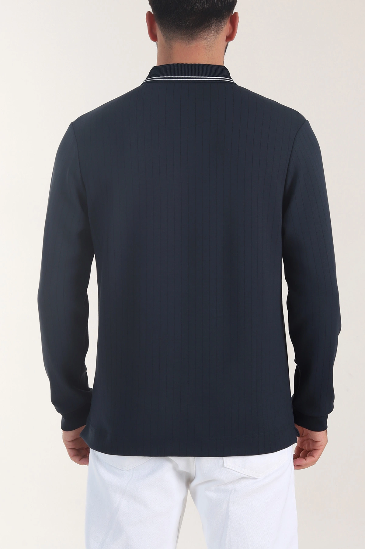 Lacivert Osyho Kumaş Çizgili Polo Yaka Erkek Sweatshirt 406059