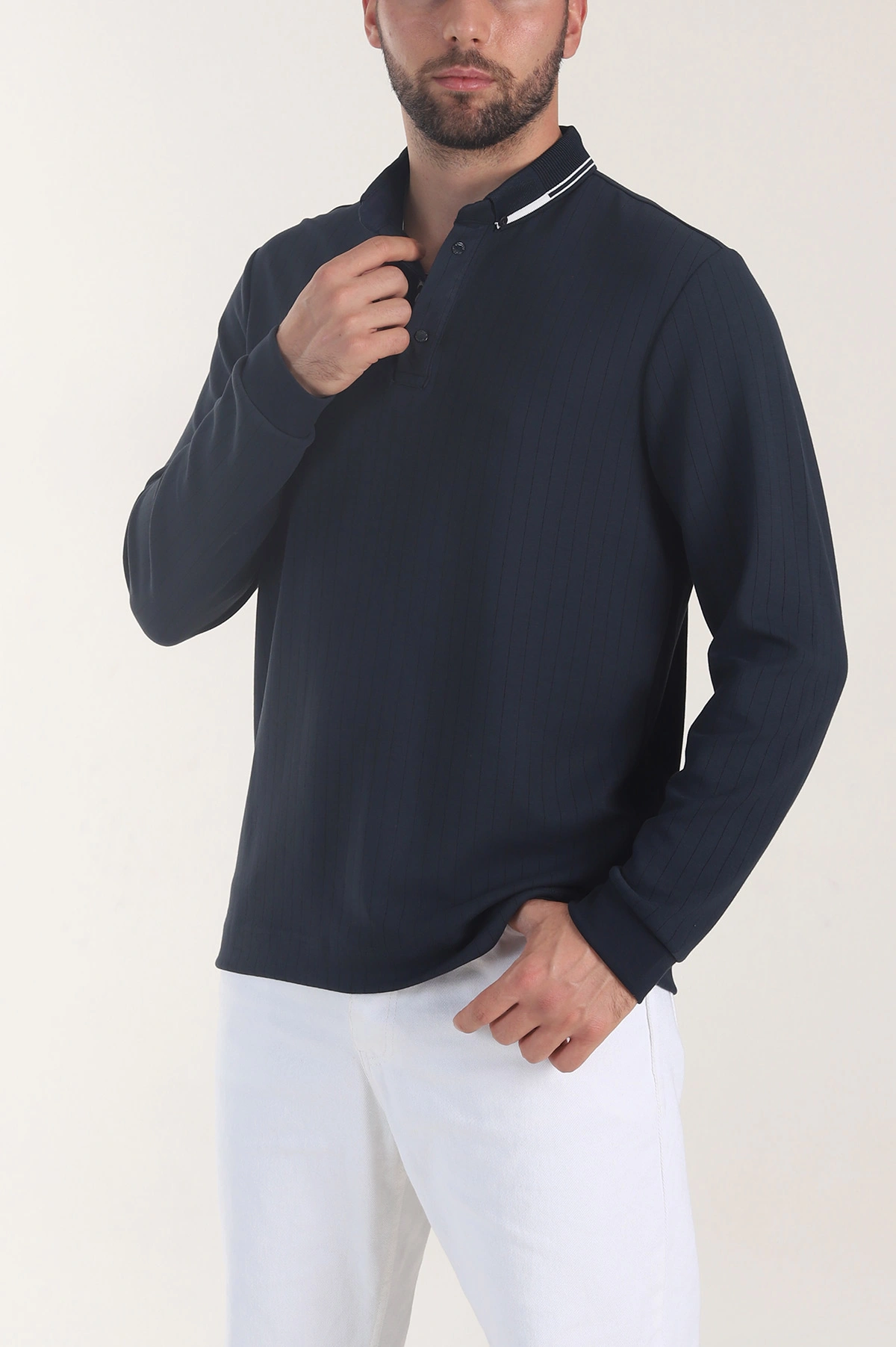 Lacivert Osyho Kumaş Çizgili Polo Yaka Erkek Sweatshirt 406059