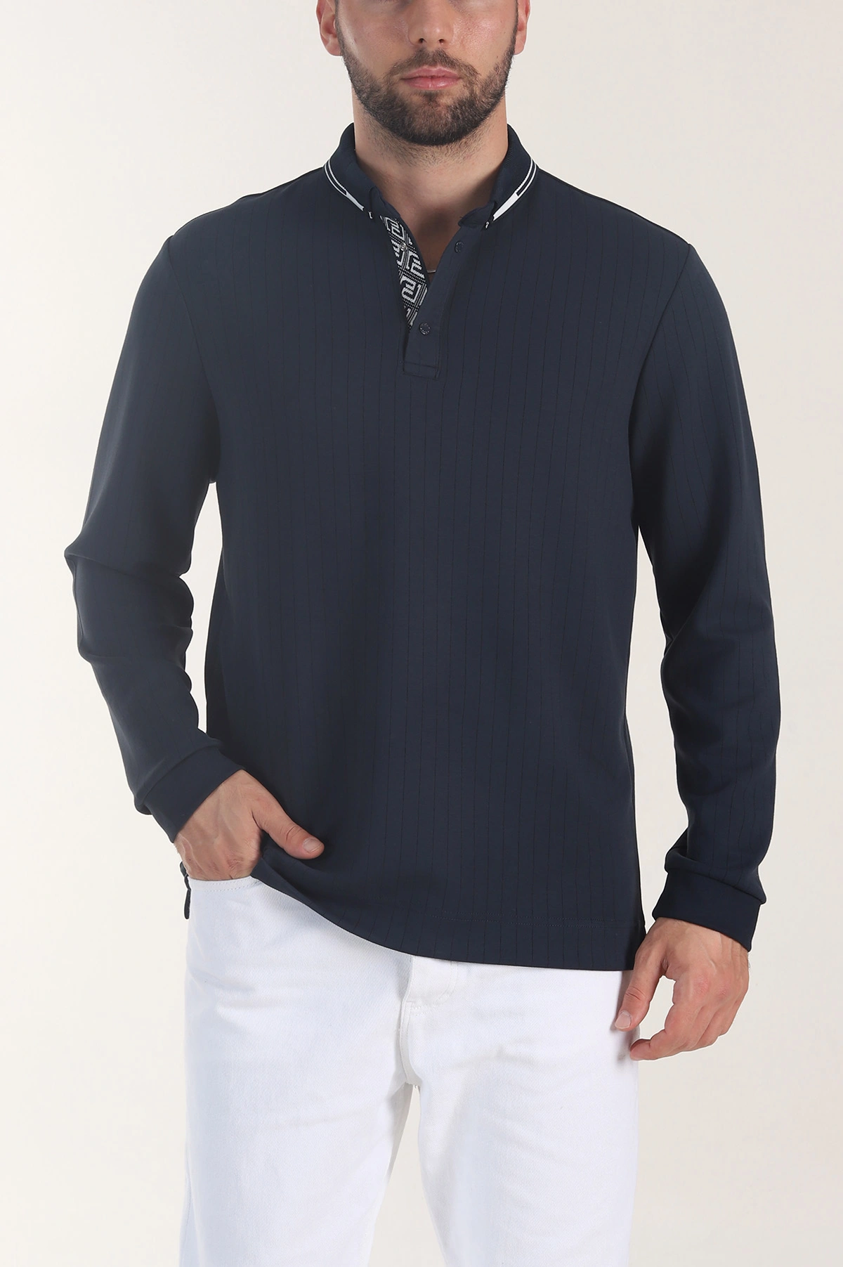 Lacivert Osyho Kumaş Çizgili Polo Yaka Erkek Sweatshirt 406059