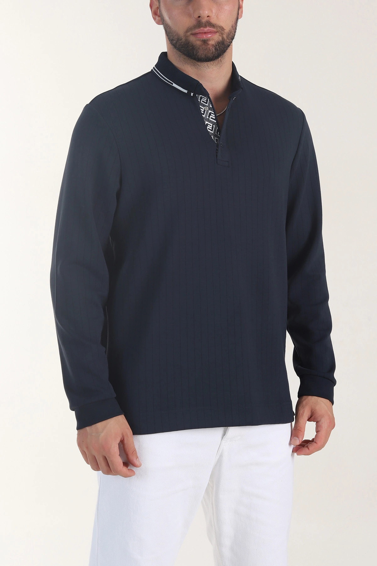 Lacivert Osyho Kumaş Çizgili Polo Yaka Erkek Sweatshirt 406059