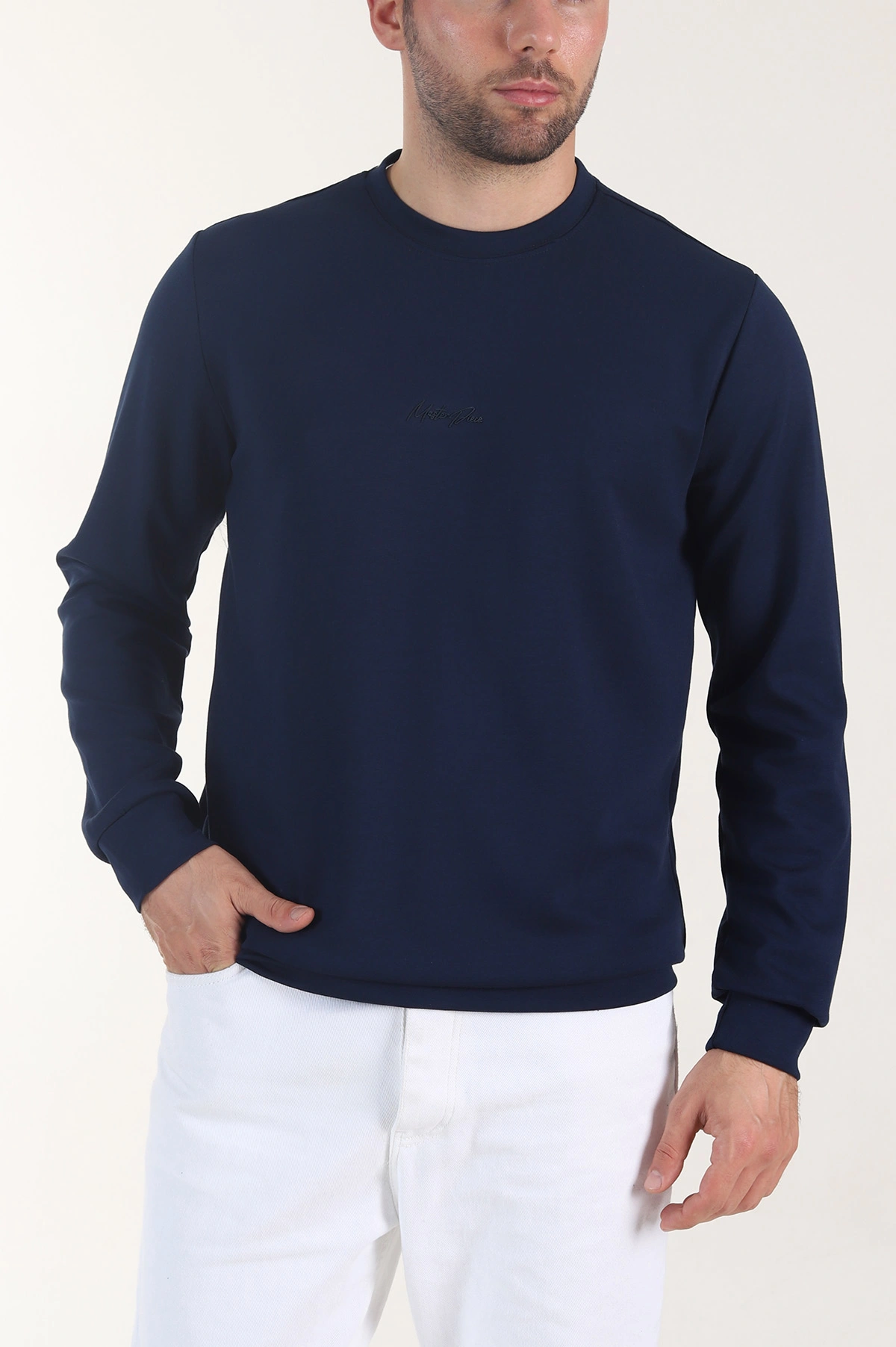Lacivert Osyho Kumaş Yazı Detaylı Bisiklet Yaka Erkek Sweatshirt 407342