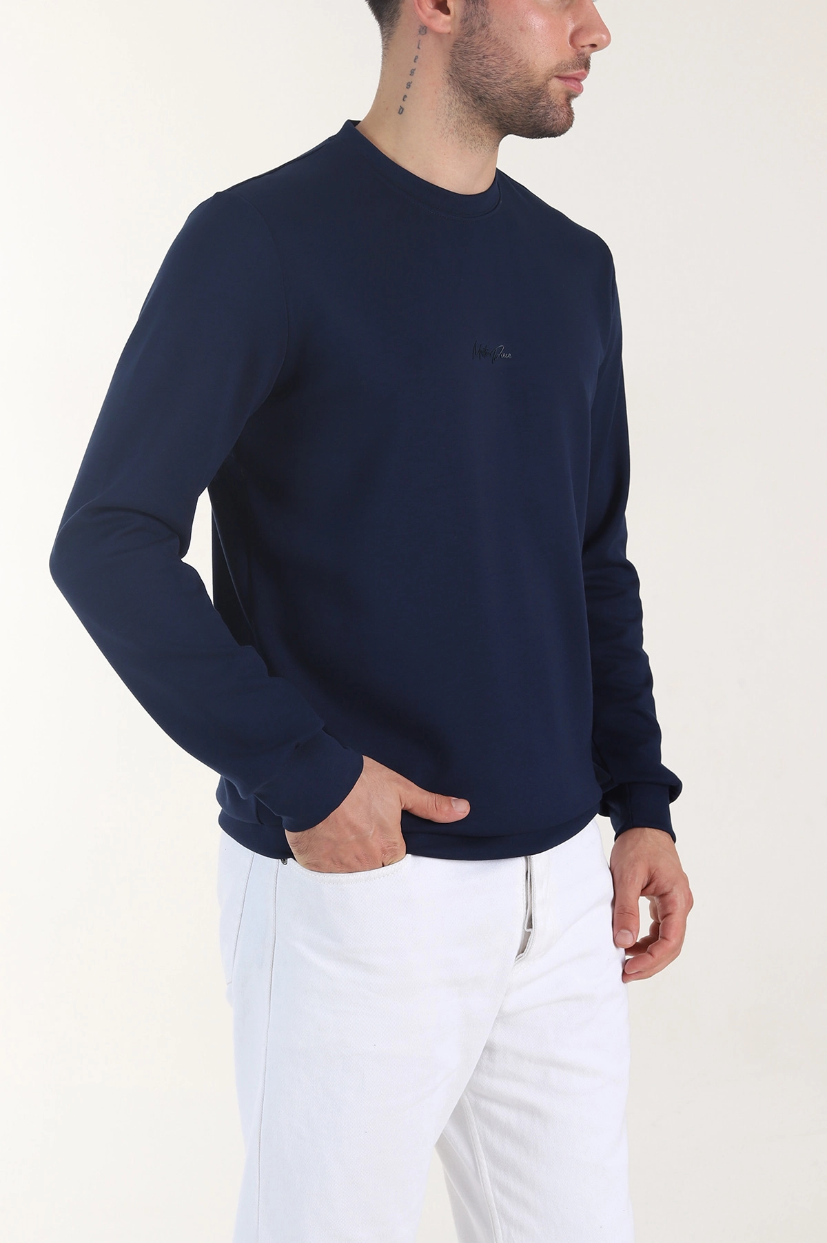 Lacivert Osyho Kumaş Yazı Detaylı Bisiklet Yaka Erkek Sweatshirt 407342