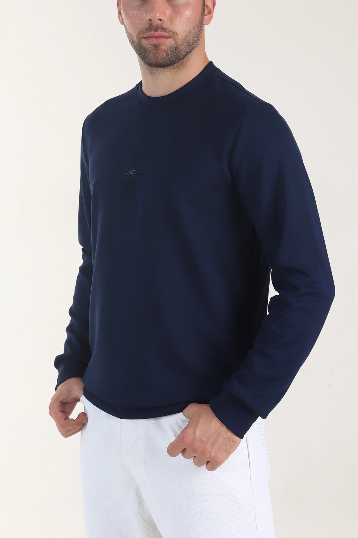 Lacivert Osyho Kumaş Yazı Detaylı Bisiklet Yaka Erkek Sweatshirt 407342