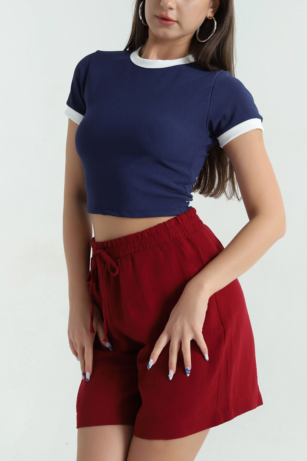 Lacivert Ottoman Kumaş Garnili Kadın Bluz 367810