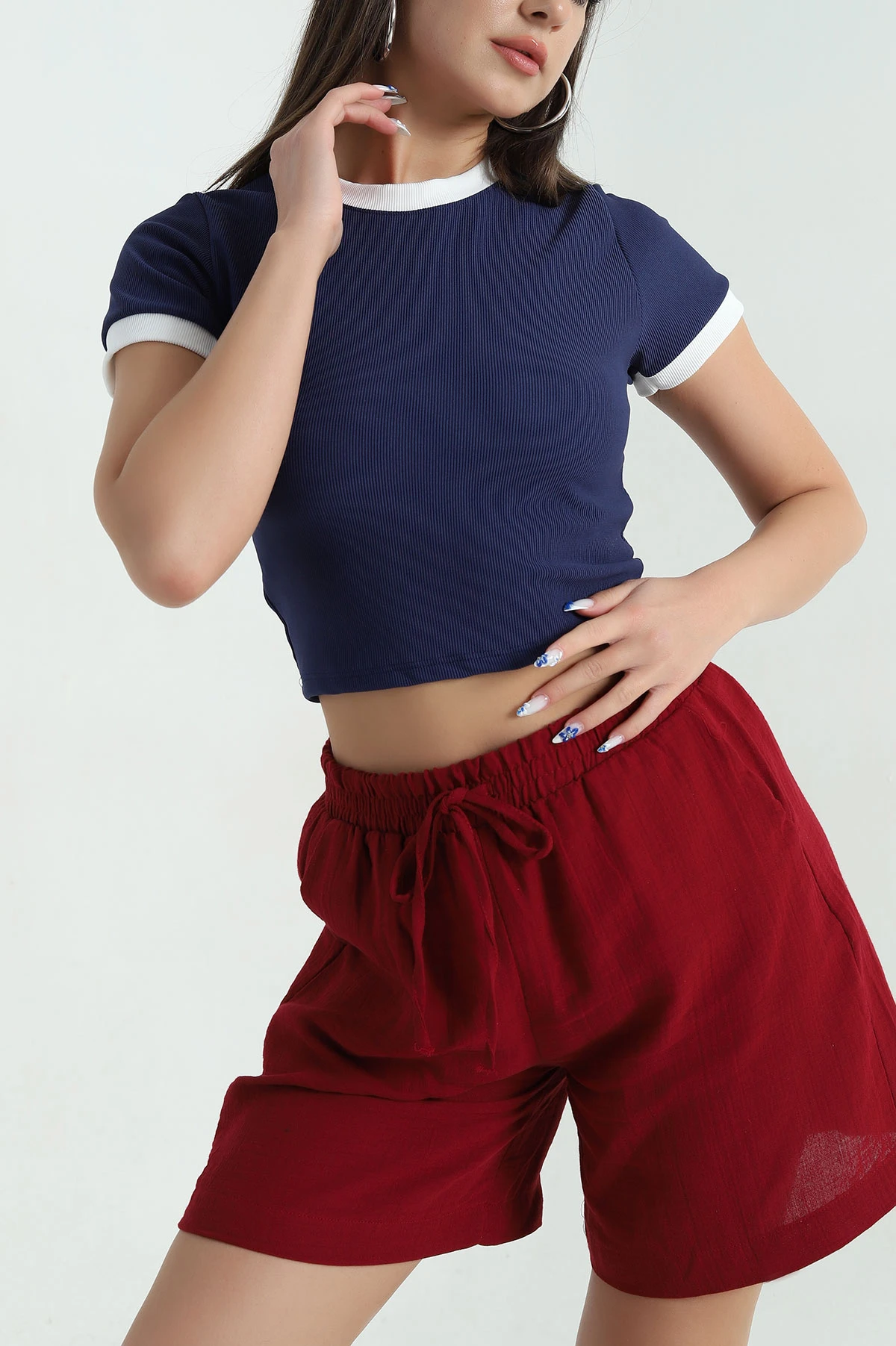 Lacivert Ottoman Kumaş Garnili Kadın Bluz 367810