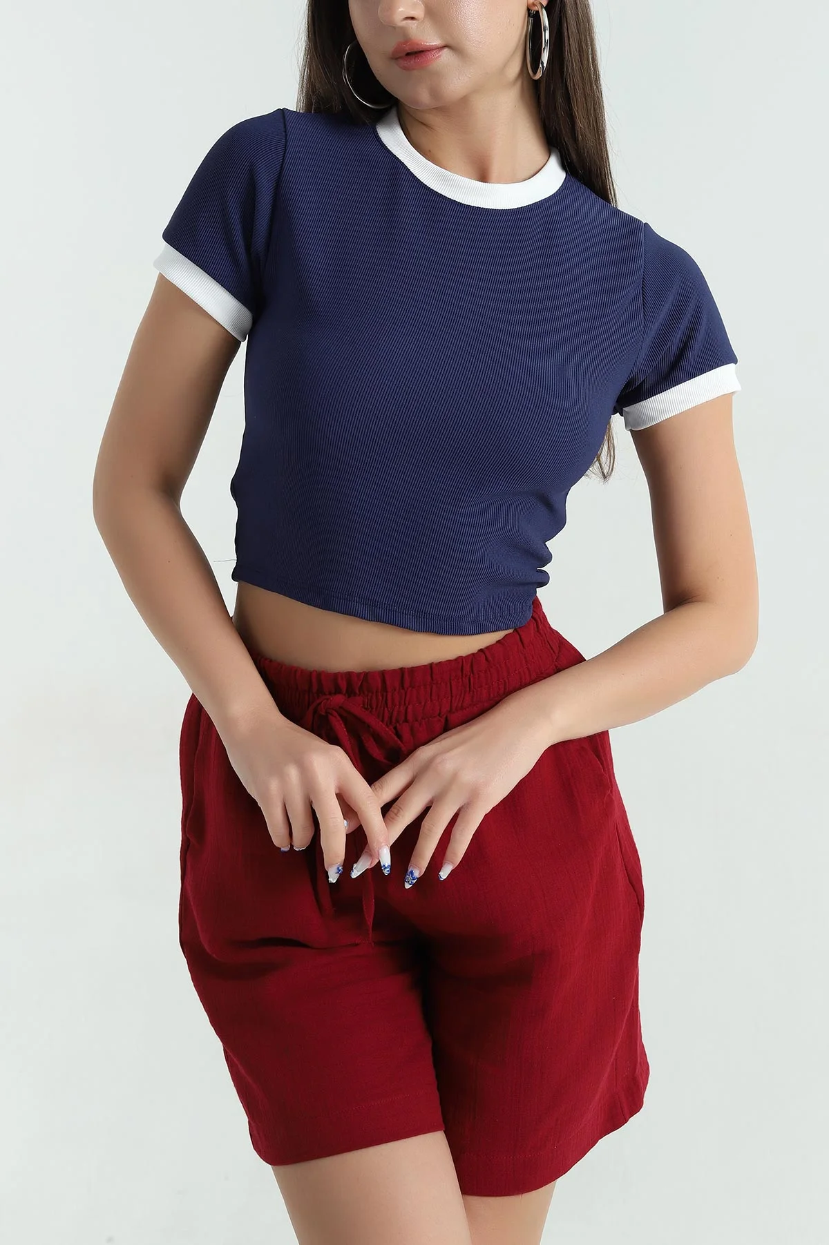 Lacivert Ottoman Kumaş Garnili Kadın Bluz 367810