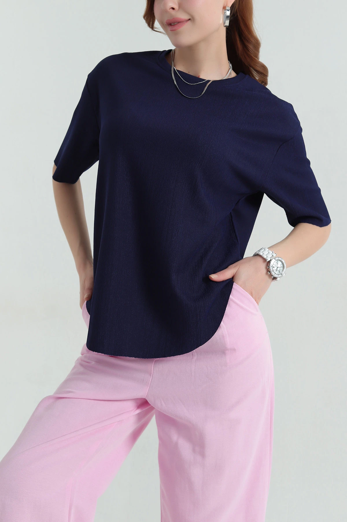 Lacivert Oval Kesim Kadın Bluz 347096