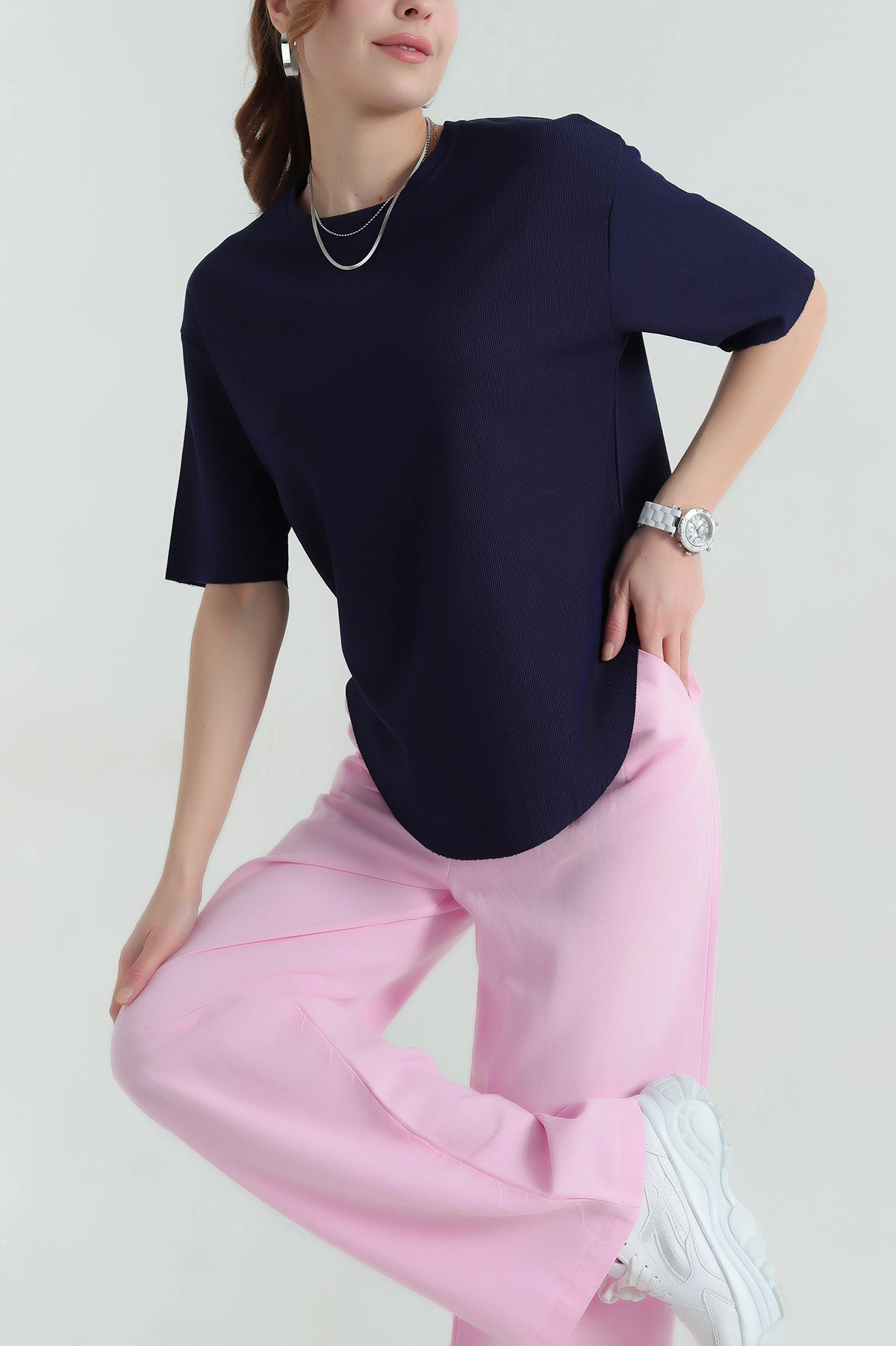 Lacivert Oval Kesim Kadın Bluz 347096