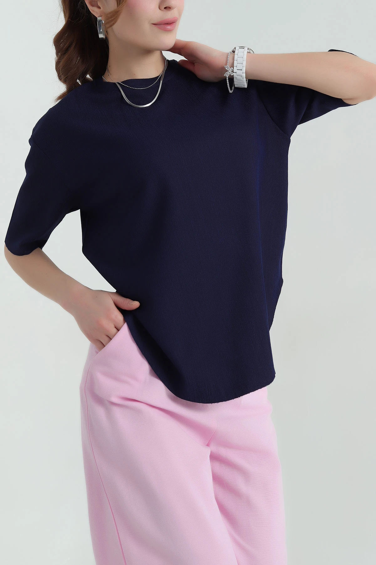 Lacivert Oval Kesim Kadın Bluz 347096