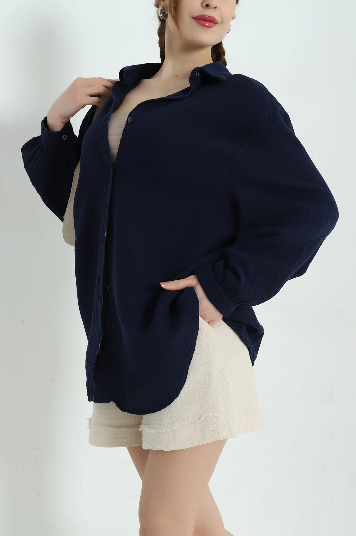 Lacivert Oversize Kadın Müslin Gömlek 336853